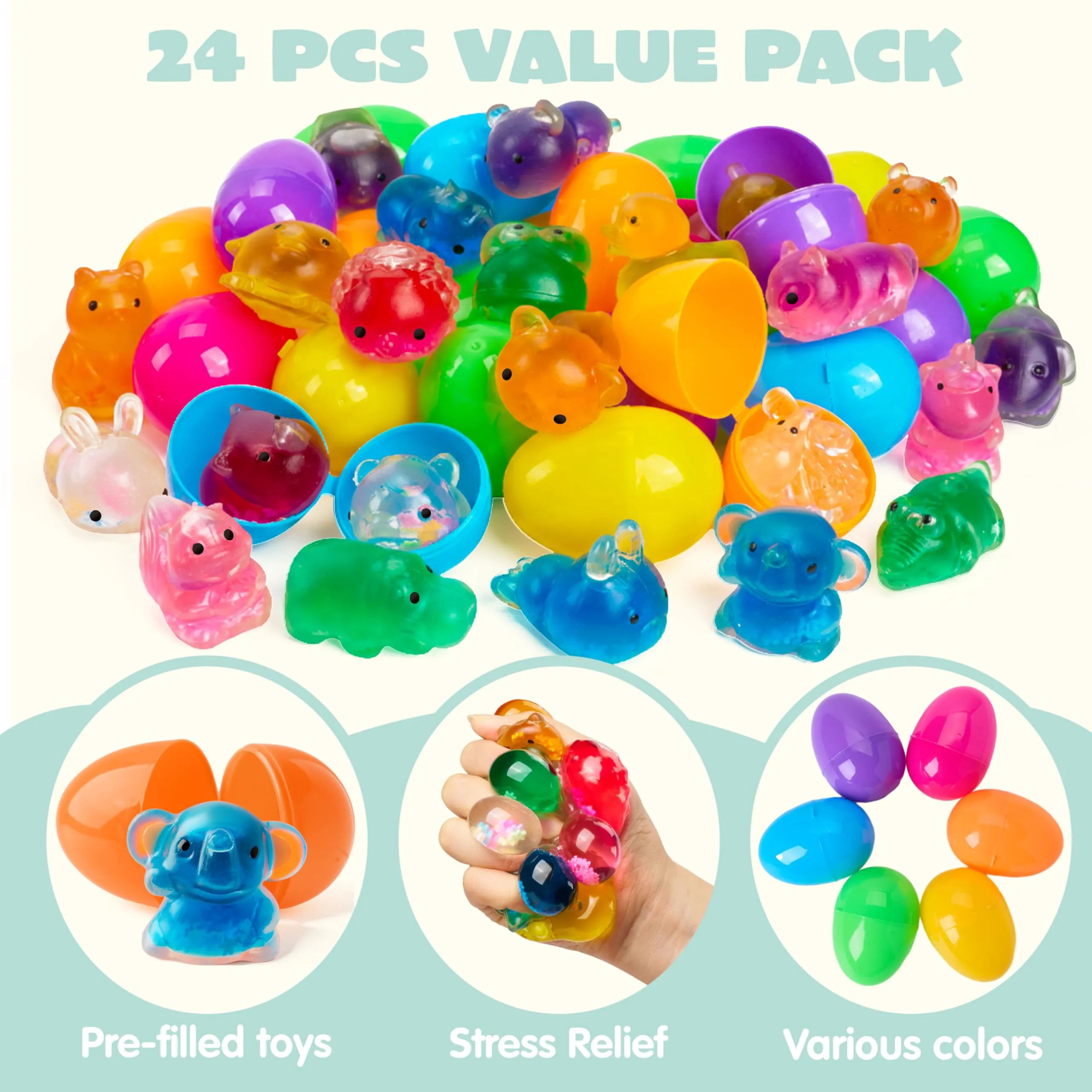 24Pcs Prefilled Easter Eggs with Cute Animal Mochi Squishy Toys for Egg Hunt, Basket Stuffers & Party Favors