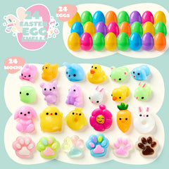 24 Prefilled Easter Eggs with Cute Mochi Squishy Toys for Egg Hunt, Basket Stuffers & Party Favors
