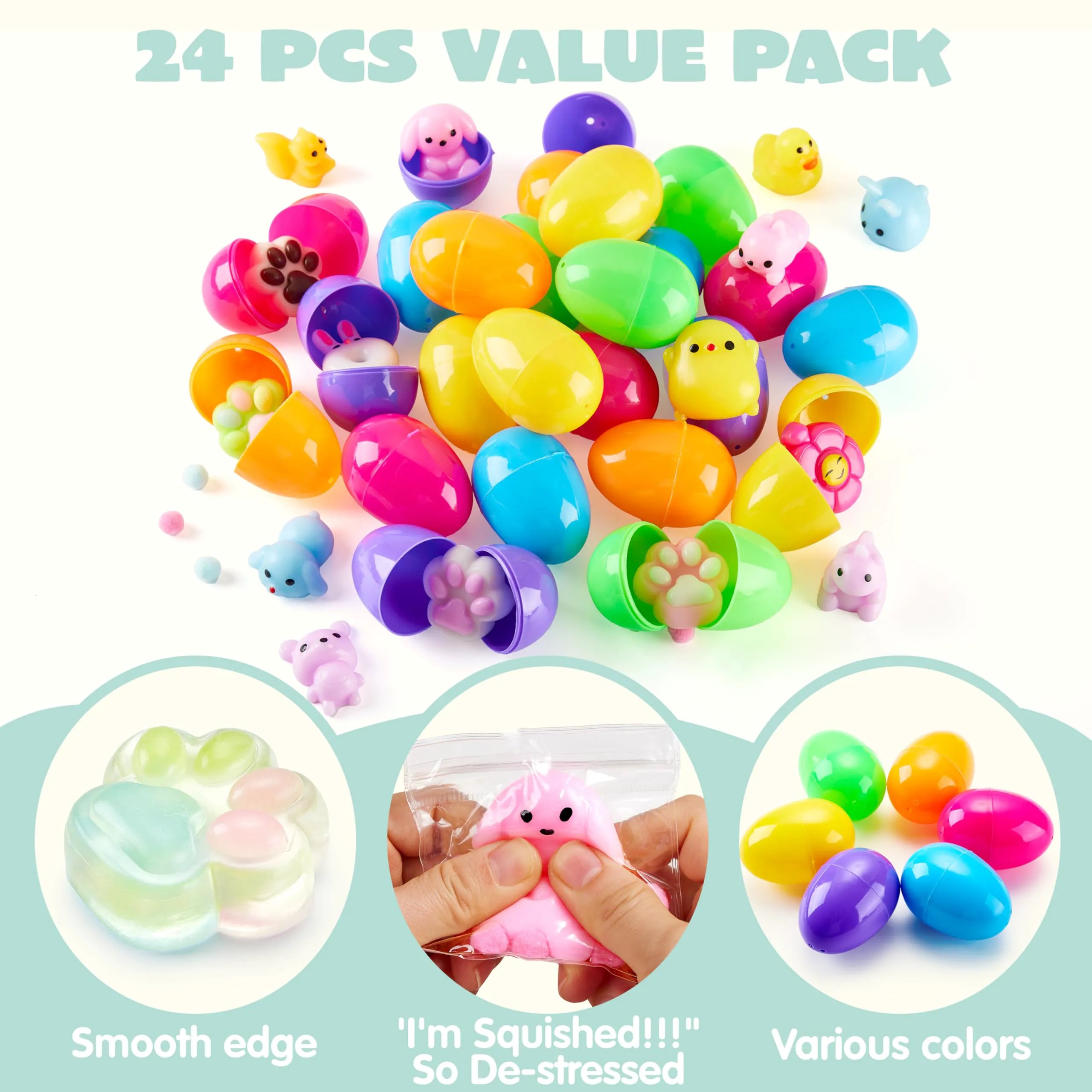 24 Prefilled Easter Eggs with Cute Mochi Squishy Toys for Egg Hunt, Basket Stuffers & Party Favors