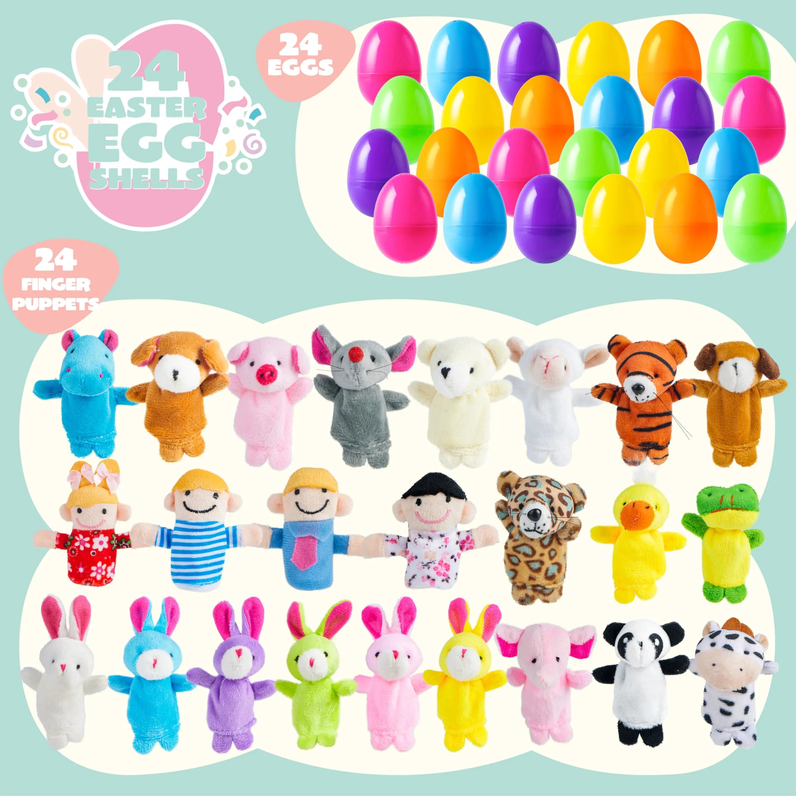 24 Prefilled Easter Eggs with Finger Puppets for Kids Party & Hunt