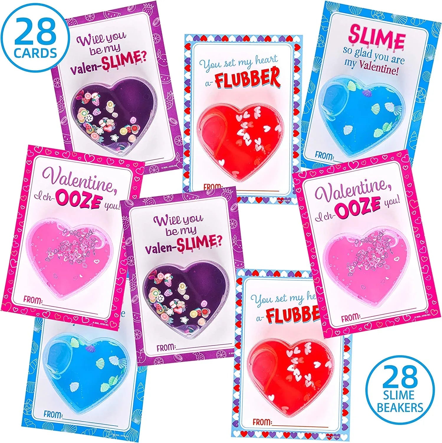 28 Heart-Shaped Slime with Valentine's Day Cards for Kids - Classroom Exchange Gifts