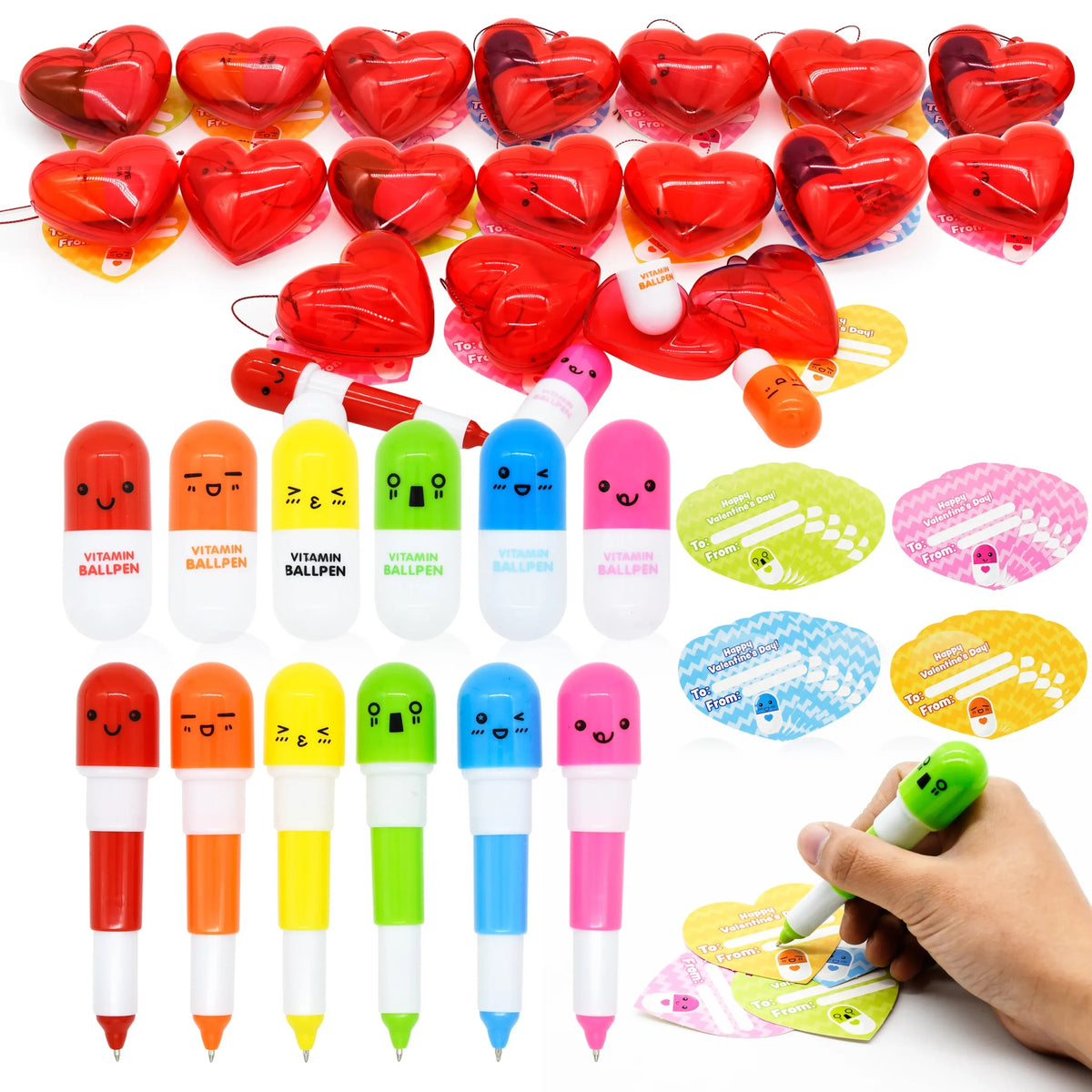 28-Piece Pill-Shaped Pen Set with Valentine's Day Cards for Kids' Classroom Exchange Gifts