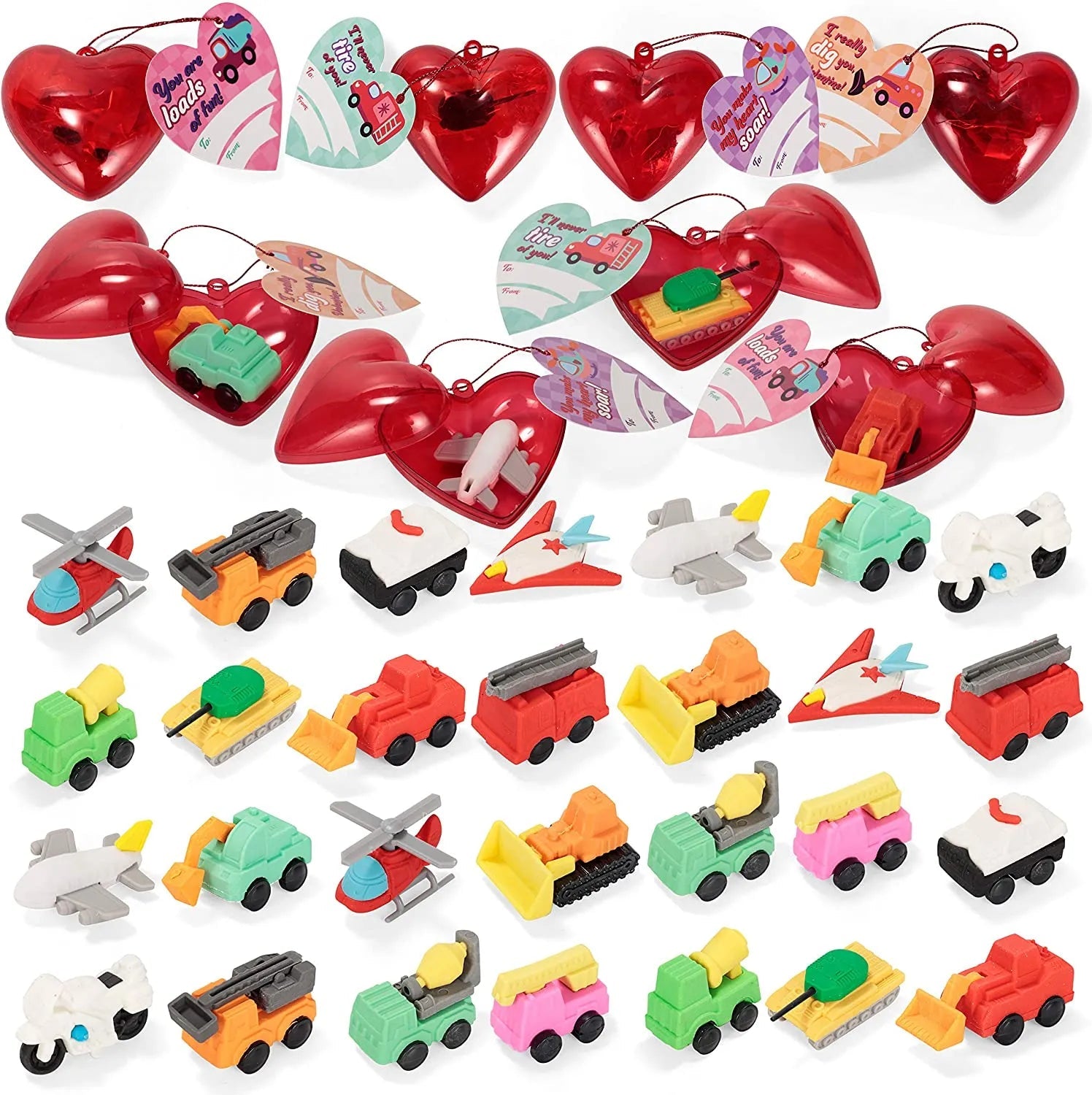 28-Piece Vehicle Eraser Set with Valentine's Day Cards for Kids Classroom Exchange Gifts
