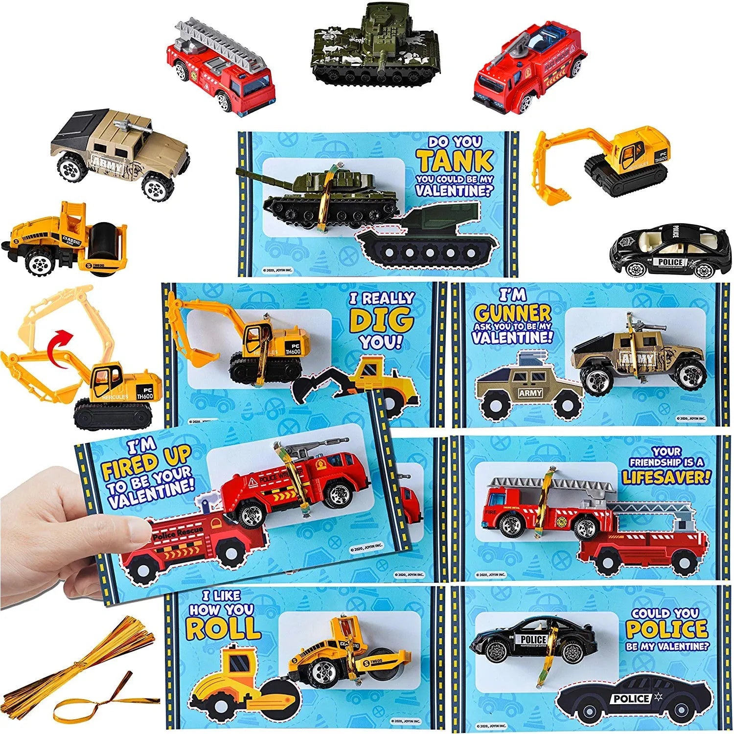 28-Pack Kids Valentine's Cards with Die-Cast City Vehicle Toys - Classroom Exchange Gifts