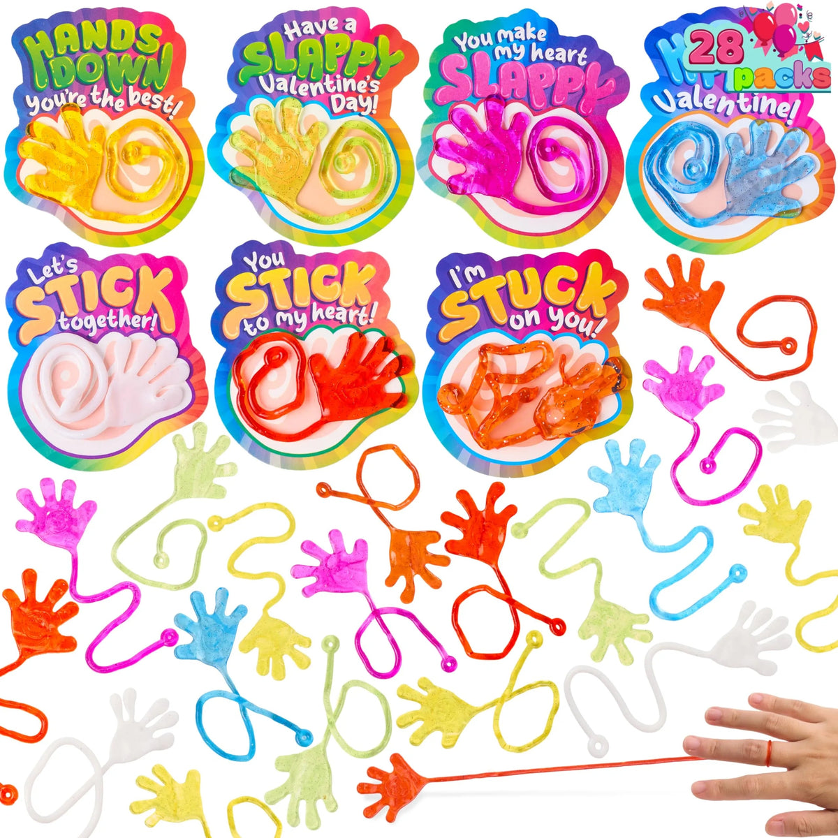 28 Pack Valentine's Day Sticky Hands with Cards, Classroom Exchange Gift for Kids