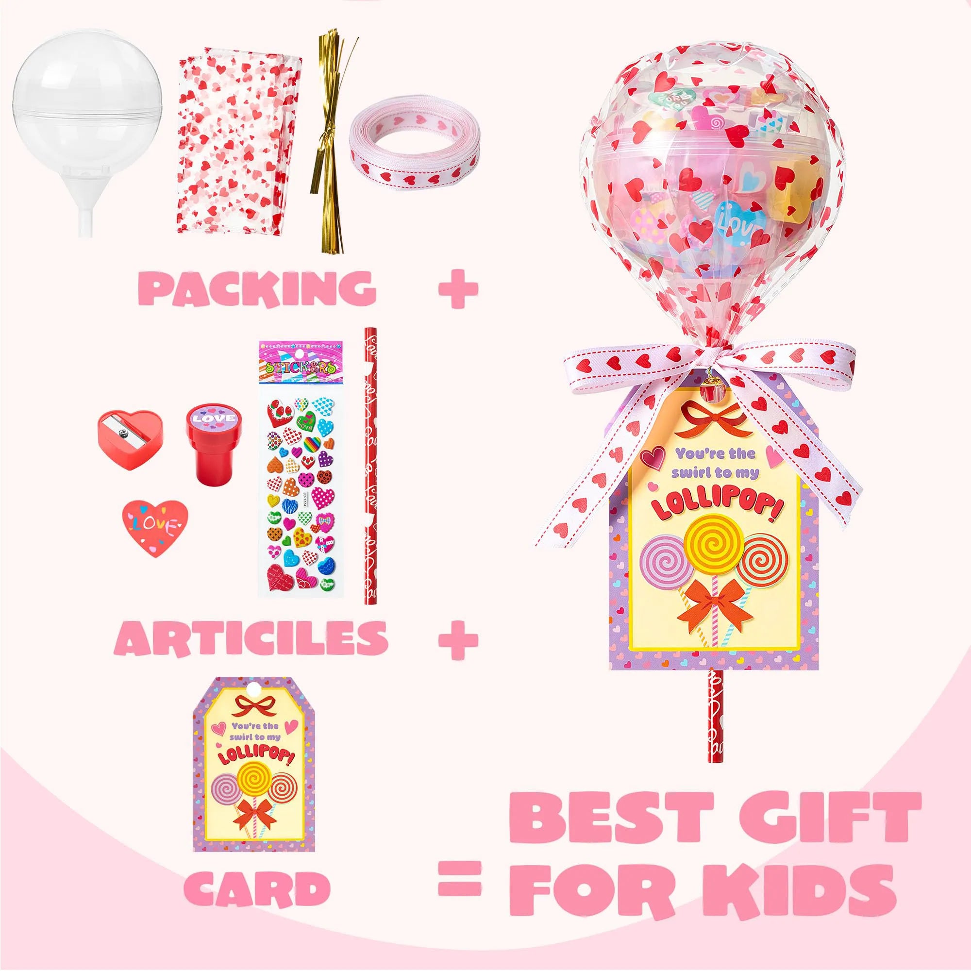 28-Pack Giant Valentine Lollipop Stationery Set with Cards, Pencils, Erasers, Stampers, Sharpener, and Stickers