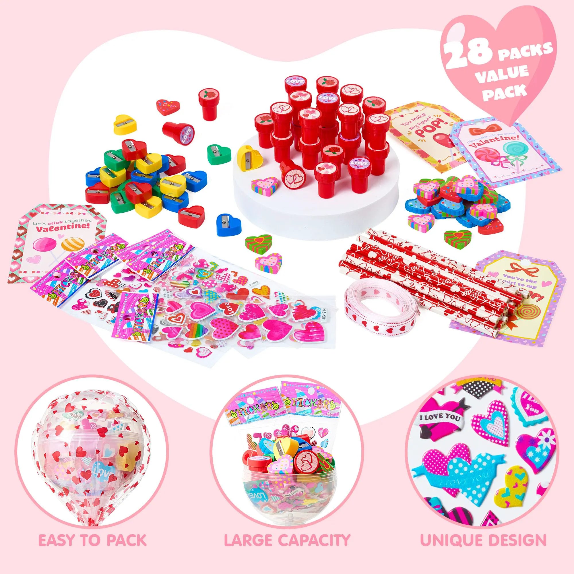 28-Pack Giant Valentine Lollipop Stationery Set with Cards, Pencils, Erasers, Stampers, Sharpener, and Stickers