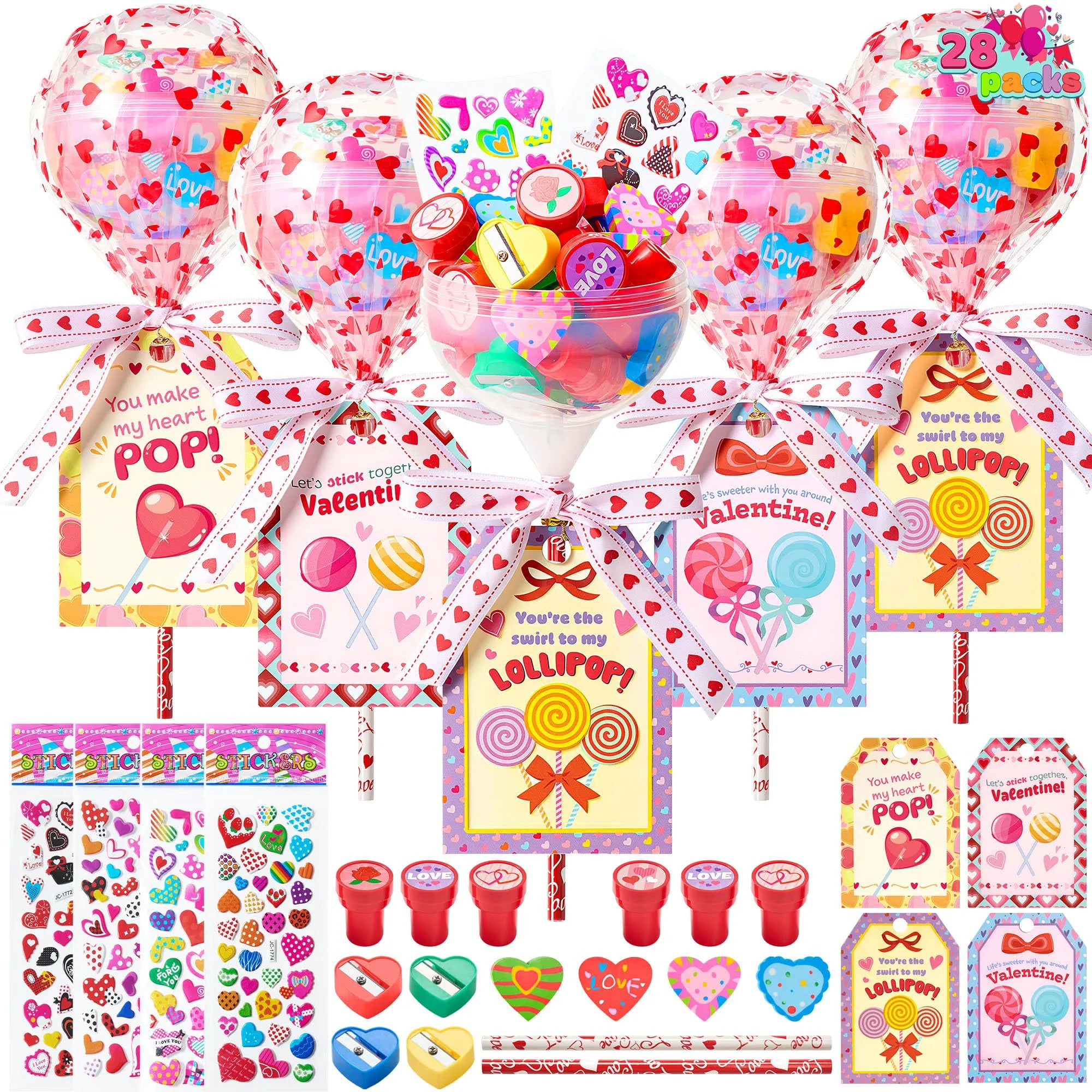 28-Pack Giant Valentine Lollipop Stationery Set with Cards, Pencils, Erasers, Stampers, Sharpener, and Stickers