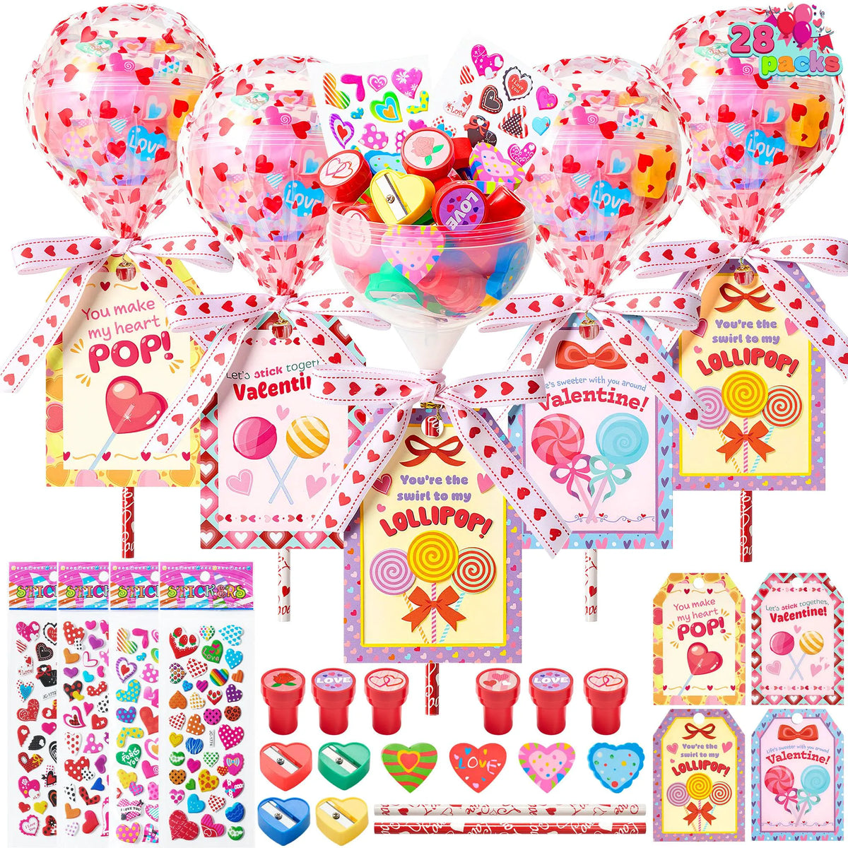28-Pack Giant Valentine Lollipop Stationery Set with Cards, Pencils, Erasers, Stampers, Sharpener, and Stickers