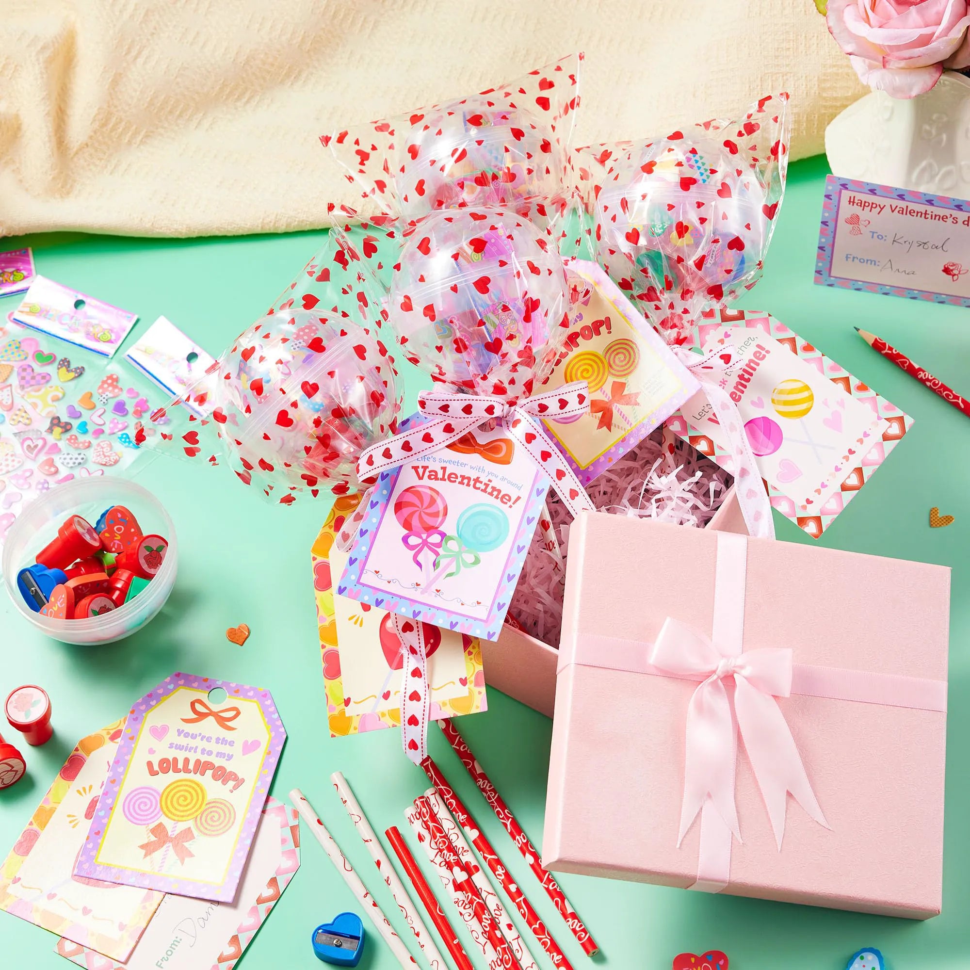 28-Pack Giant Valentine Lollipop Stationery Set with Cards, Pencils, Erasers, Stampers, Sharpener, and Stickers