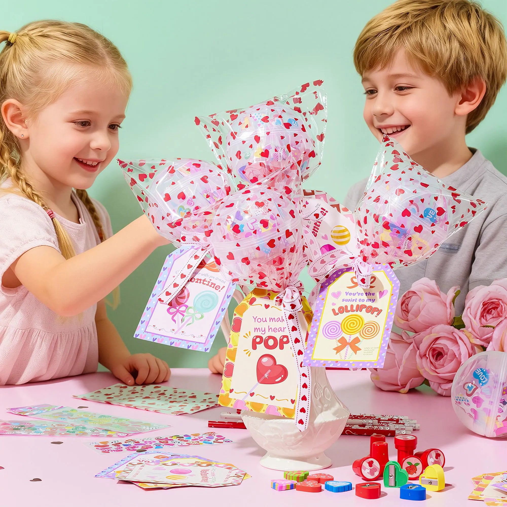 28-Pack Giant Valentine Lollipop Stationery Set with Cards, Pencils, Erasers, Stampers, Sharpener, and Stickers