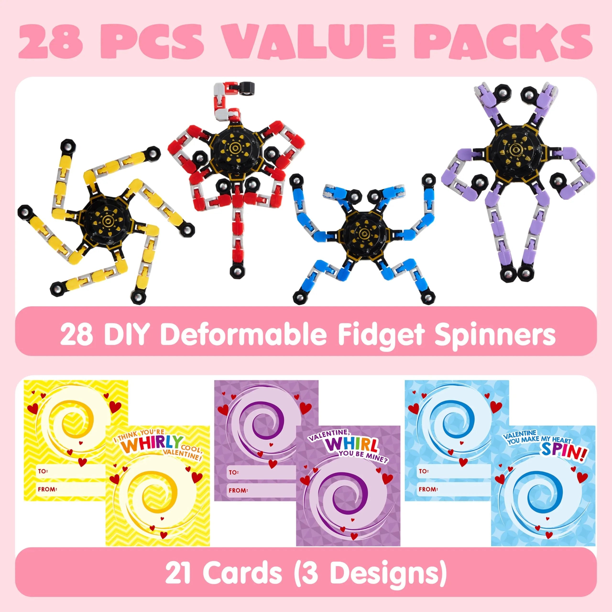 28-Pack Valentine's Day Cards with Fidget Spinners, 3 Designs for Kids School Exchange
