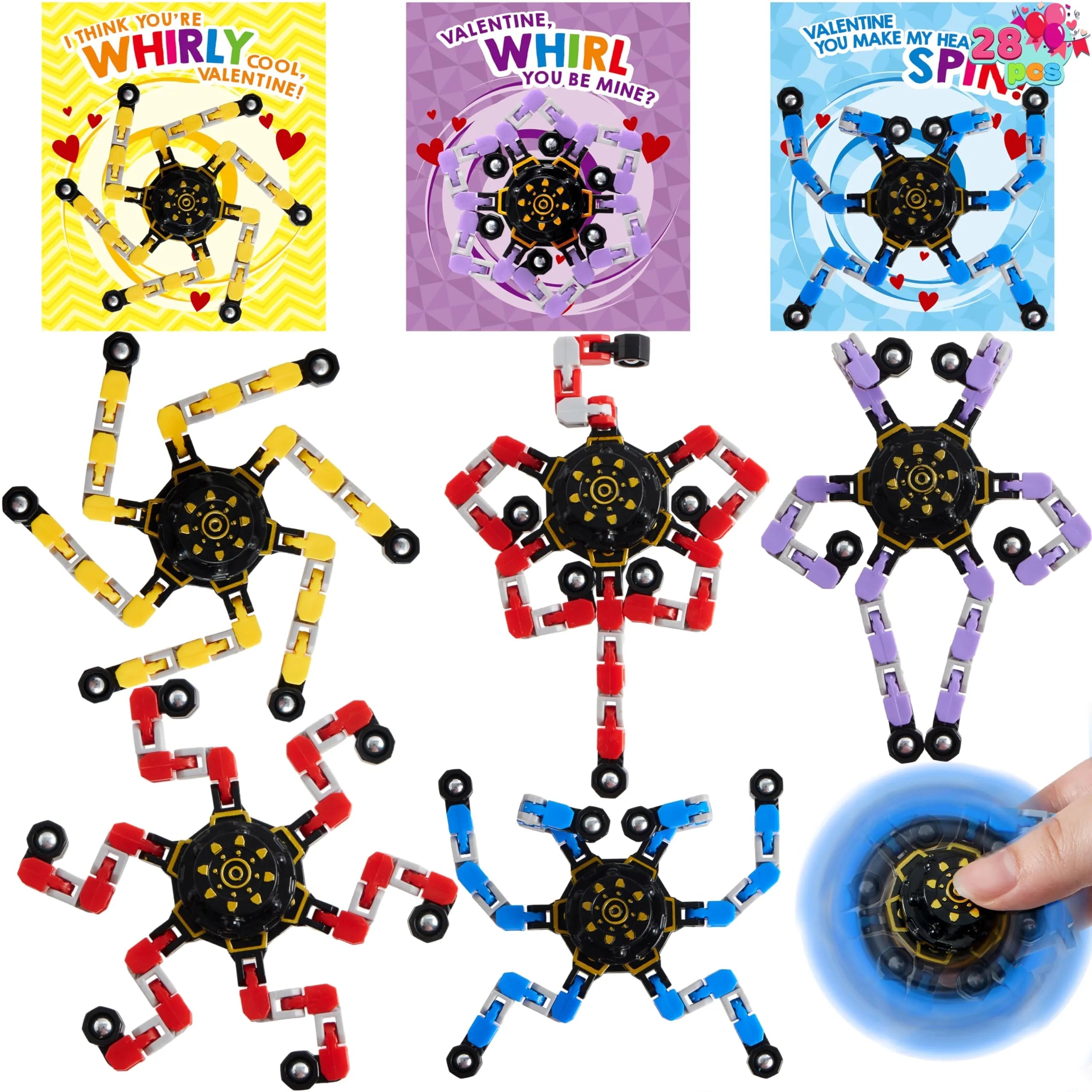 28-Pack Valentine's Day Cards with Fidget Spinners, 3 Designs for Kids School Exchange