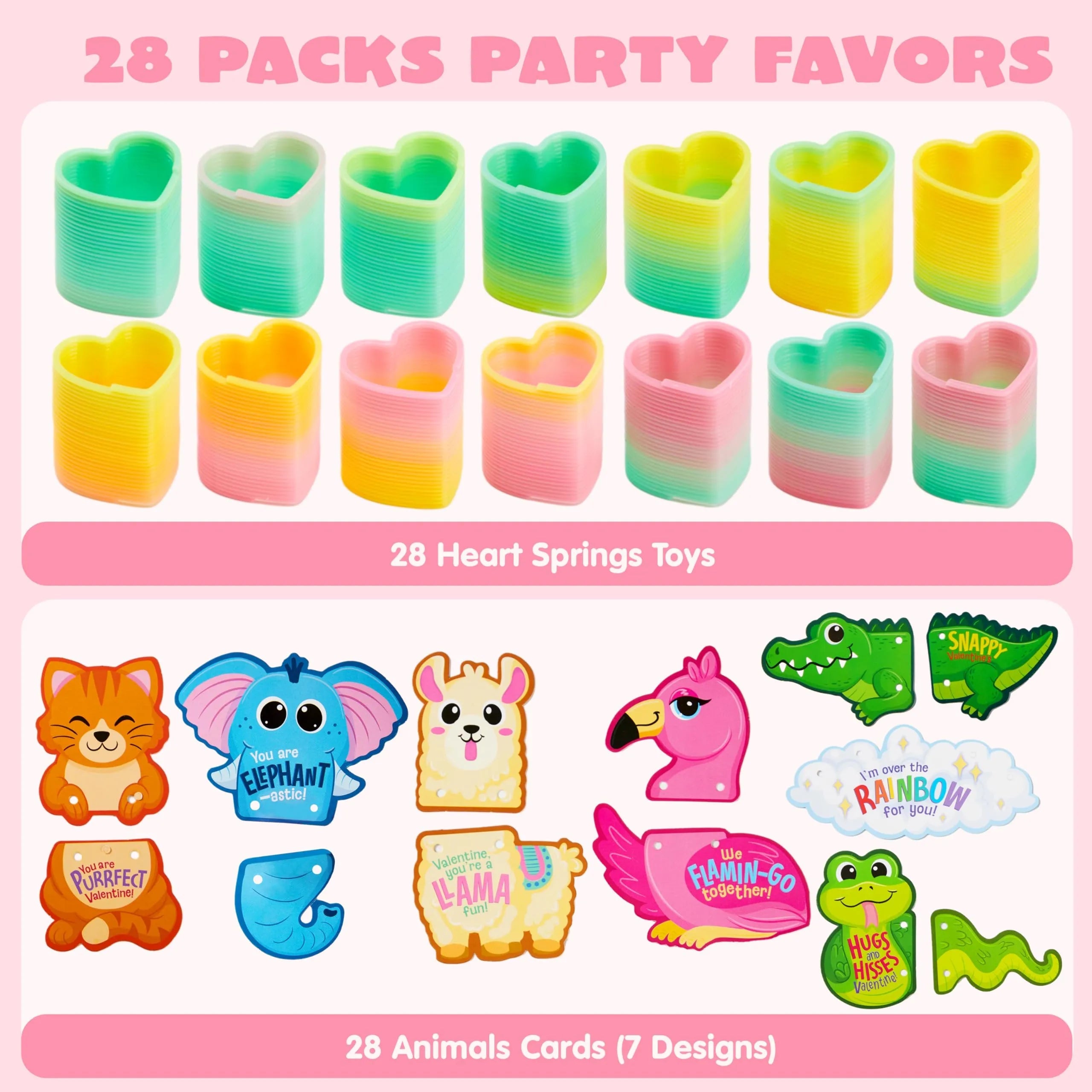 28 Packs Valentine’s Day Critter Kind Gift Cards with Colored Springs for Kids Classroom Exchange