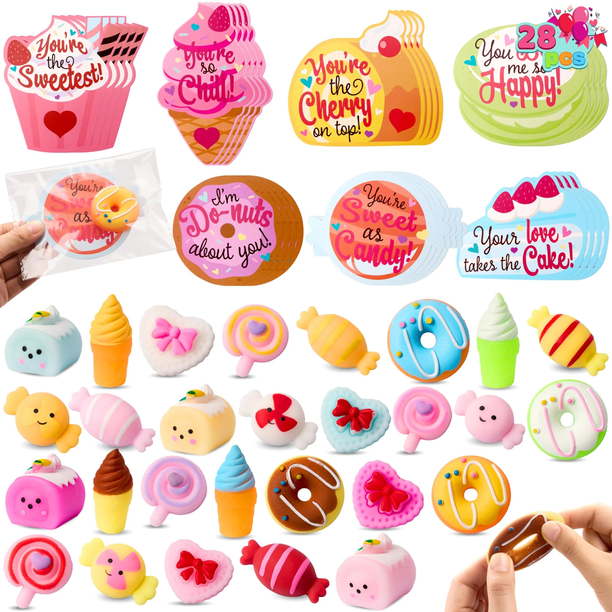 28 Packs Valentine's Day Gift Cards with Candy Mochi Squishy Toys for Kids Classroom Gift Exchange