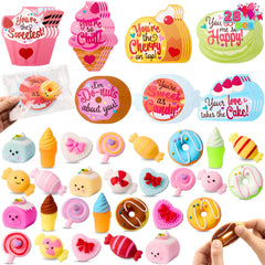 28 Packs Valentine's Day Gift Cards with Candy Mochi Squishy Toys for Kids Classroom Gift Exchange