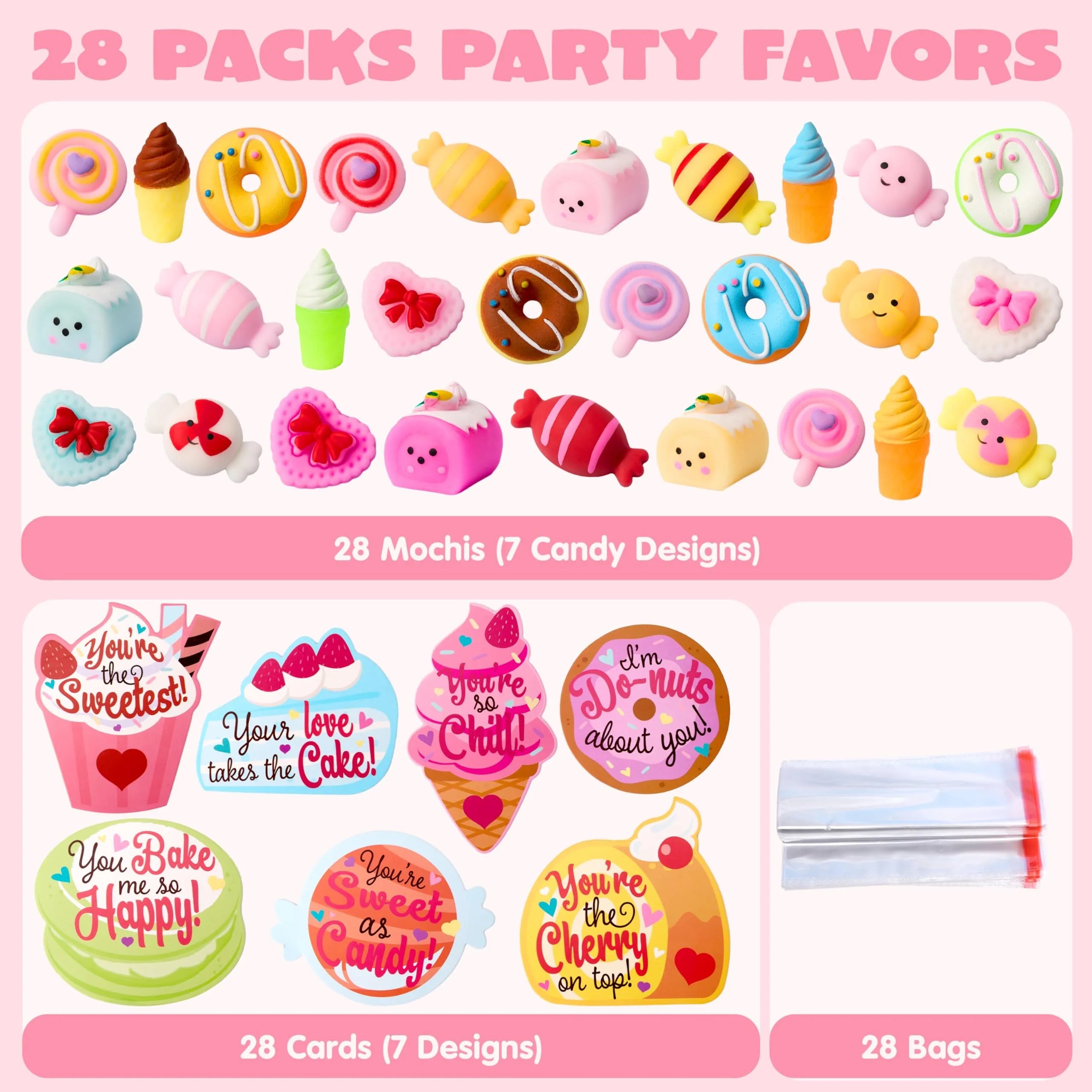 28 Packs Valentine's Day Gift Cards with Candy Mochi Squishy Toys for Kids Classroom Gift Exchange