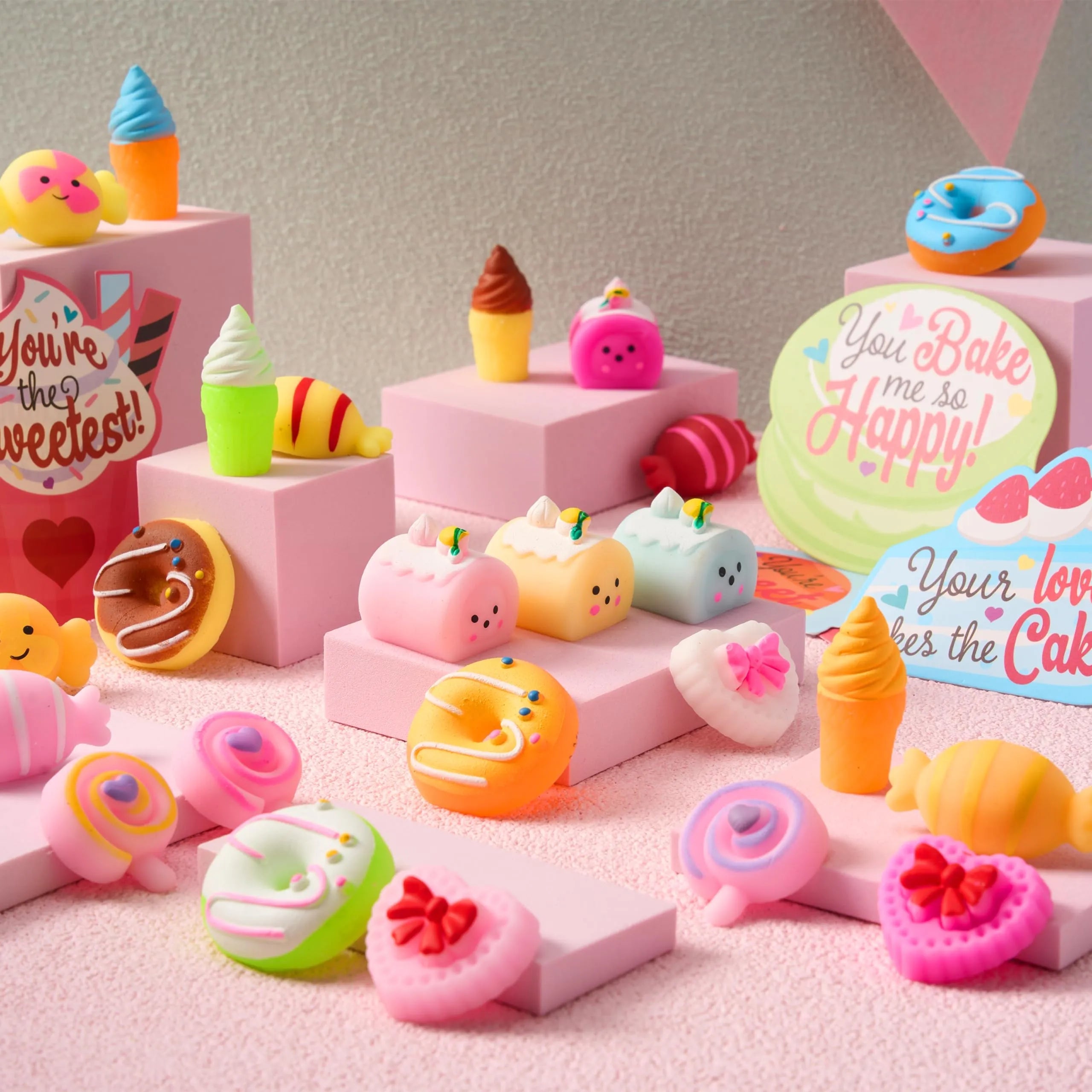 28 Packs Valentine's Day Gift Cards with Candy Mochi Squishy Toys for Kids Classroom Gift Exchange