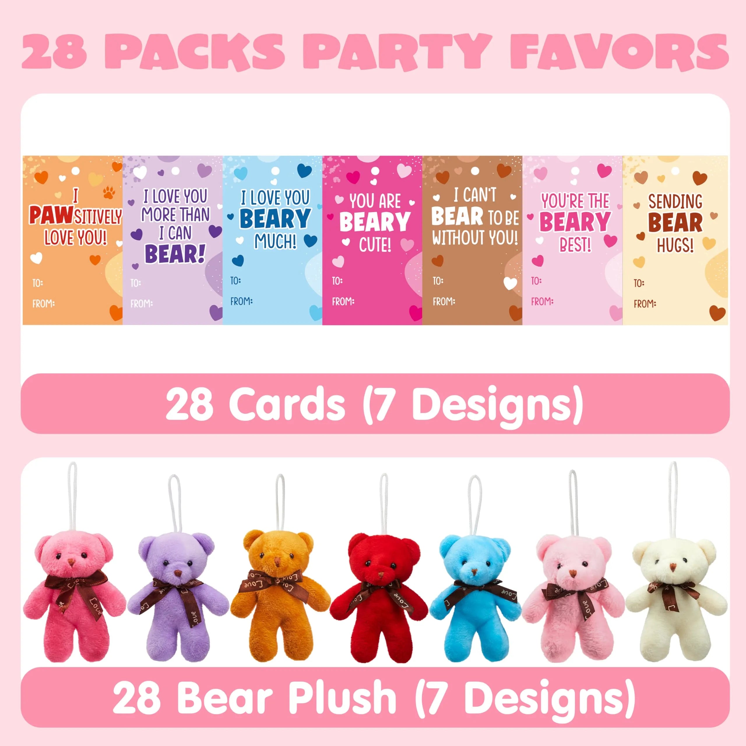 28 Pack Valentine's Day Gift Cards with Mini Bear Plush Toys for Kids Classroom School Exchange