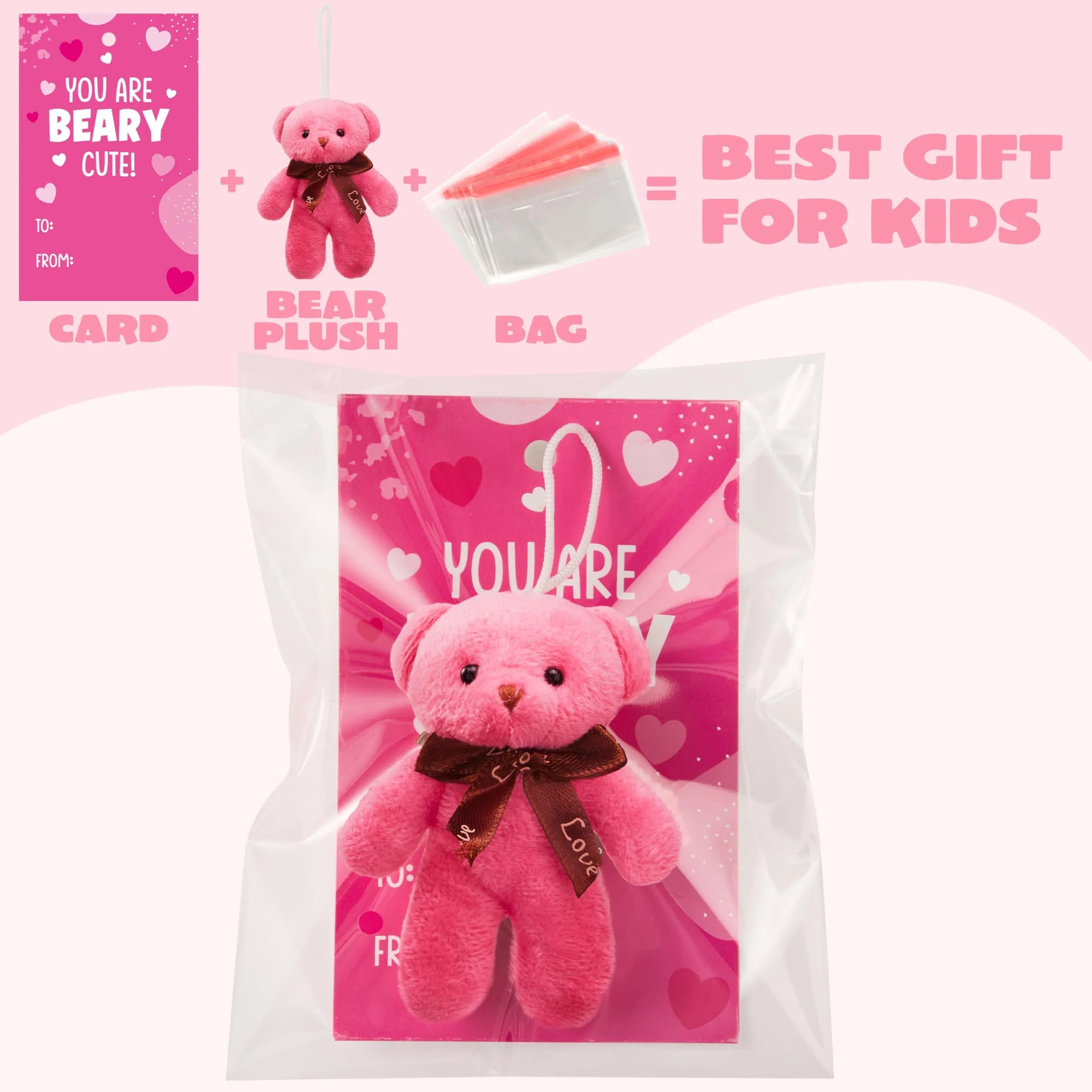 28 Pack Valentine's Day Gift Cards with Mini Bear Plush Toys for Kids Classroom School Exchange