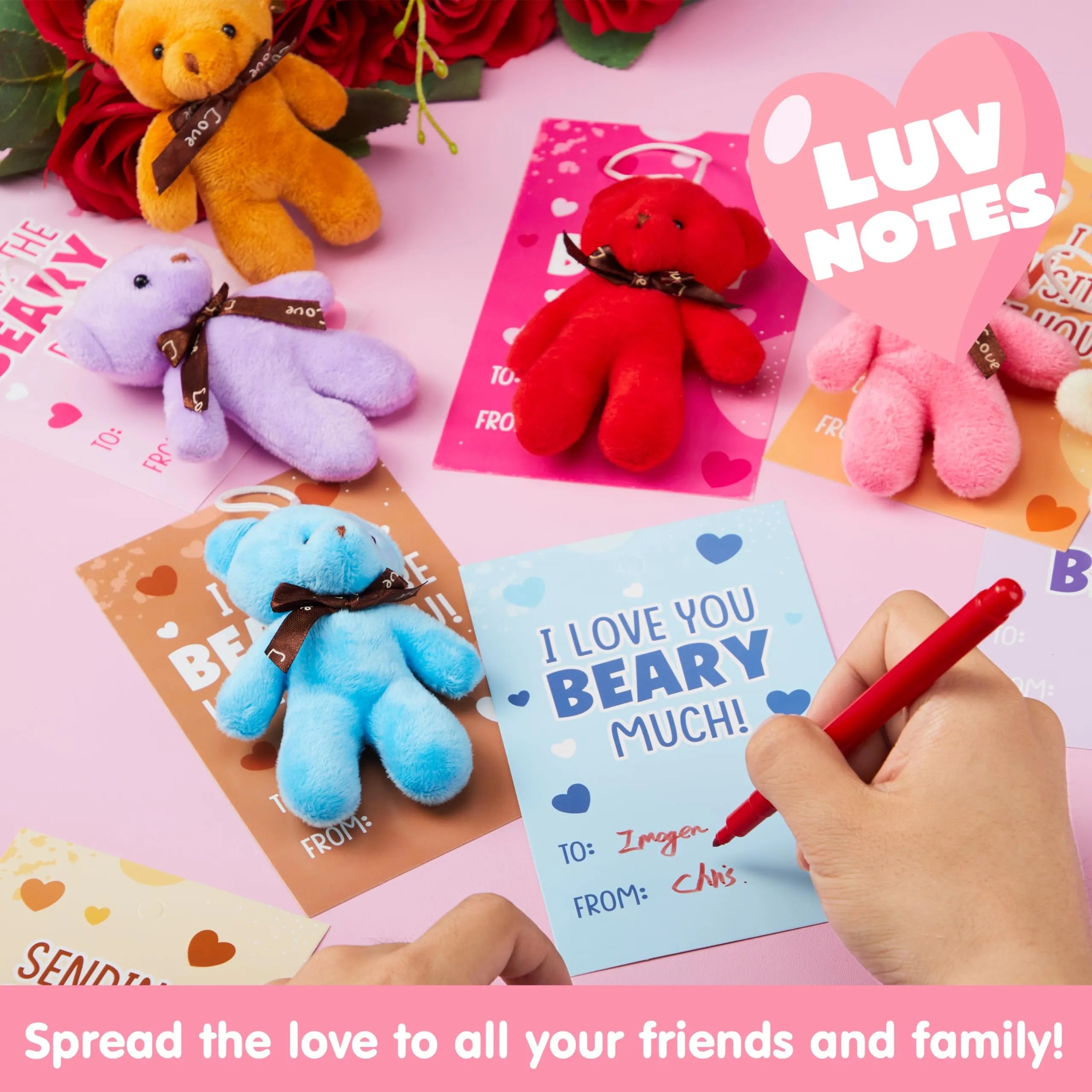 28 Pack Valentine's Day Gift Cards with Mini Bear Plush Toys for Kids Classroom School Exchange