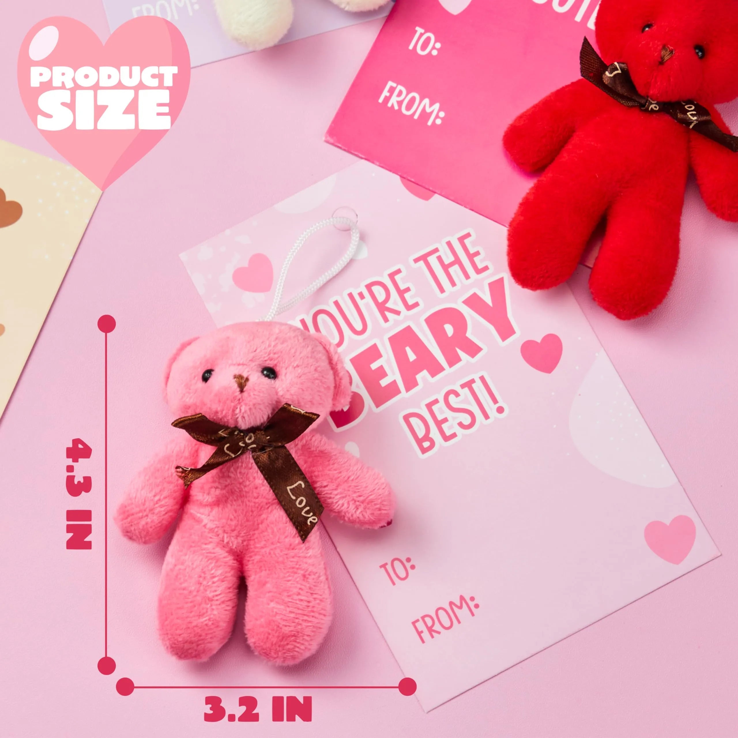 28 Pack Valentine's Day Gift Cards with Mini Bear Plush Toys for Kids Classroom School Exchange