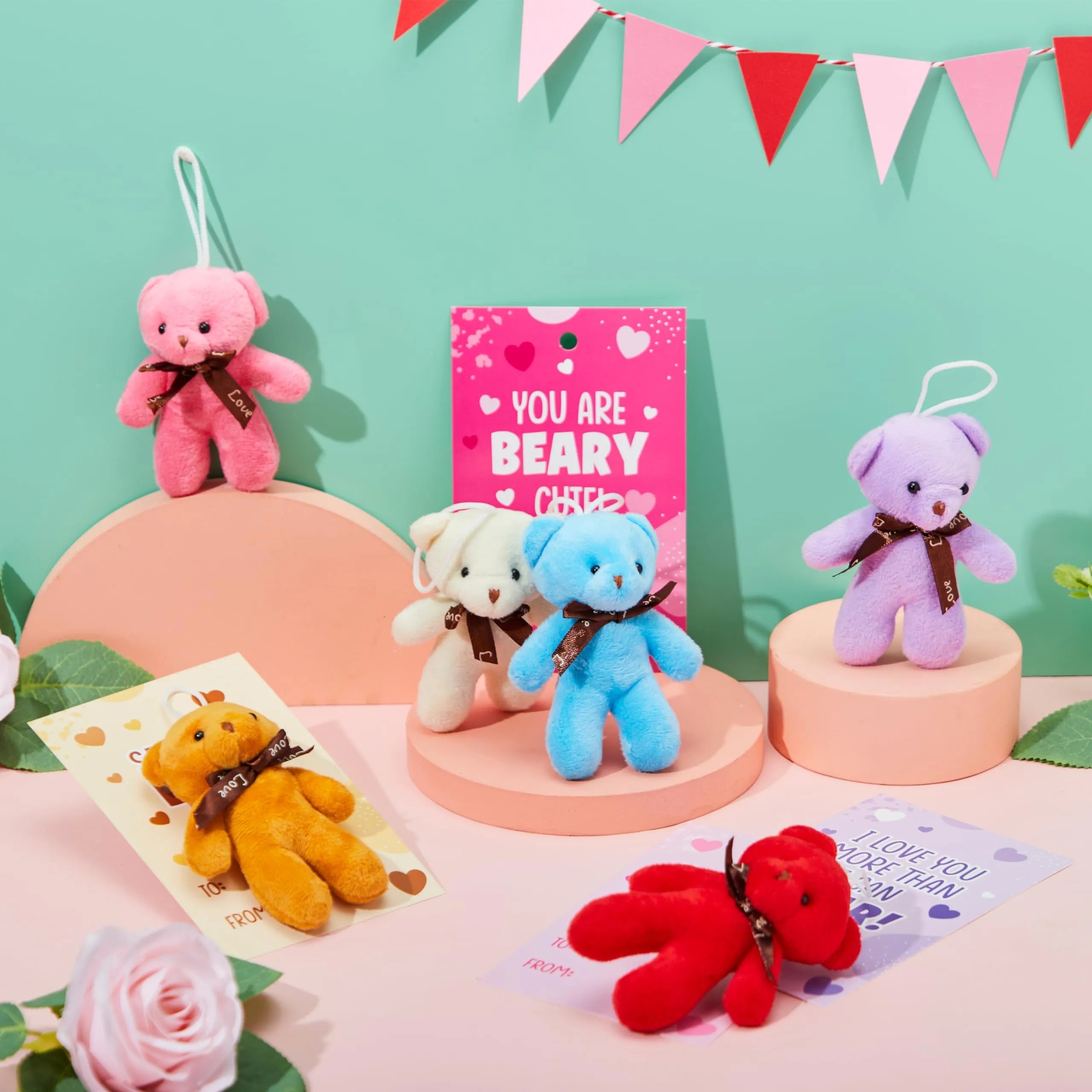 28 Pack Valentine's Day Gift Cards with Mini Bear Plush Toys for Kids Classroom School Exchange