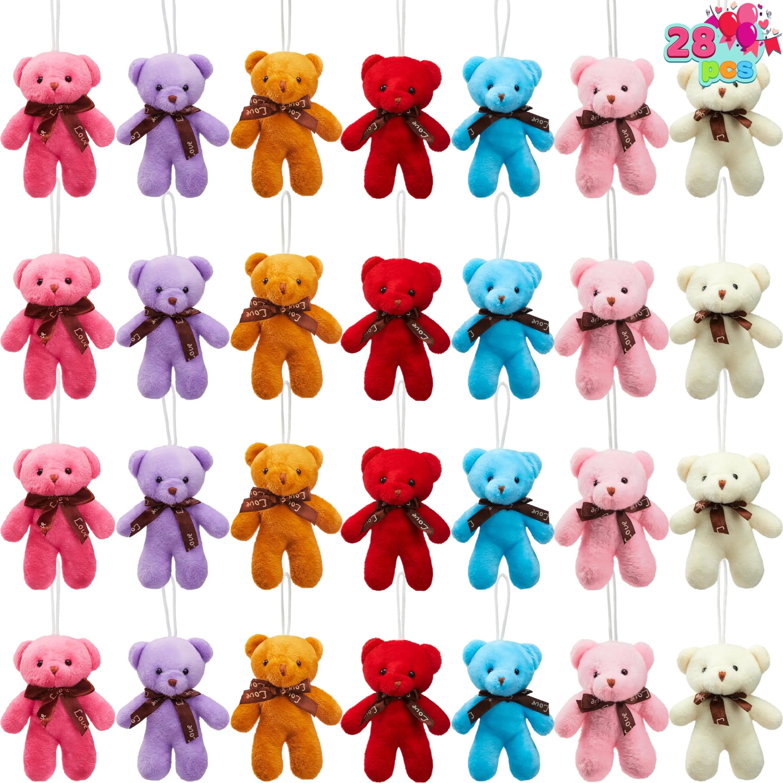 28 Pack Valentine's Day Gift Cards with Mini Bear Plush Toys for Kids Classroom School Exchange
