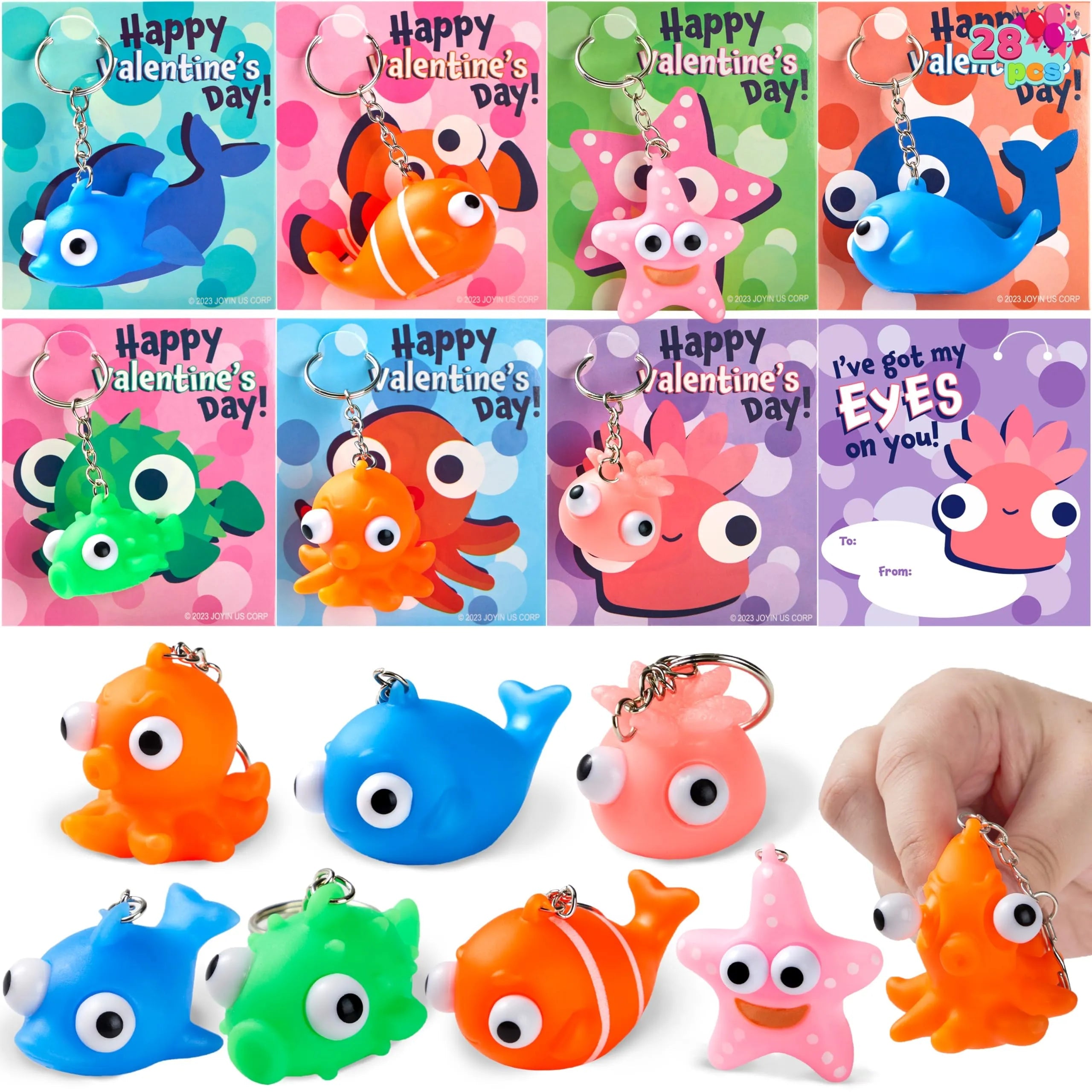 28 Valentine's Day Gift Cards with Sea Animal Pop-Up Eye Keychains