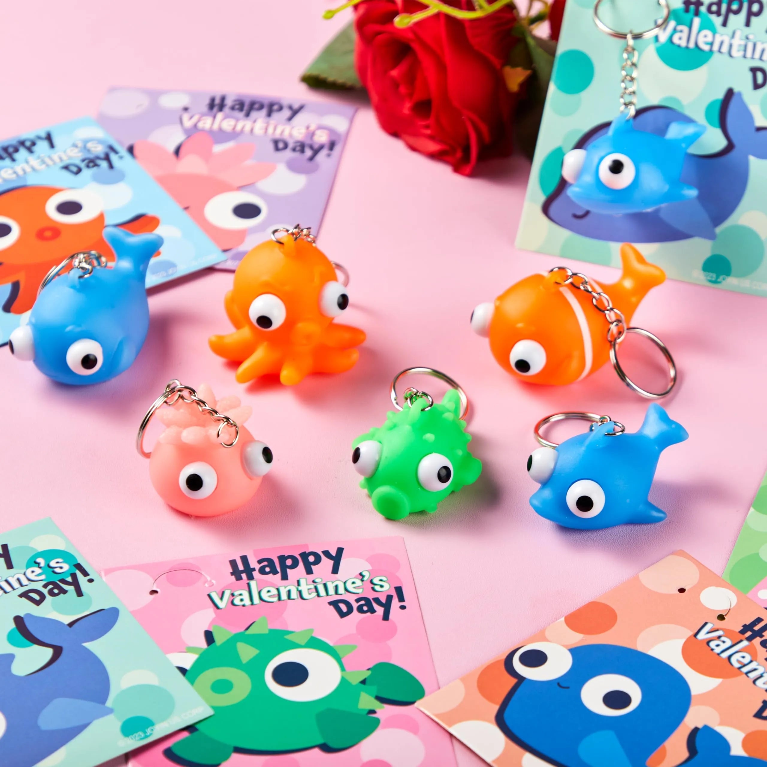 28 Valentine's Day Gift Cards with Sea Animal Pop-Up Eye Keychains