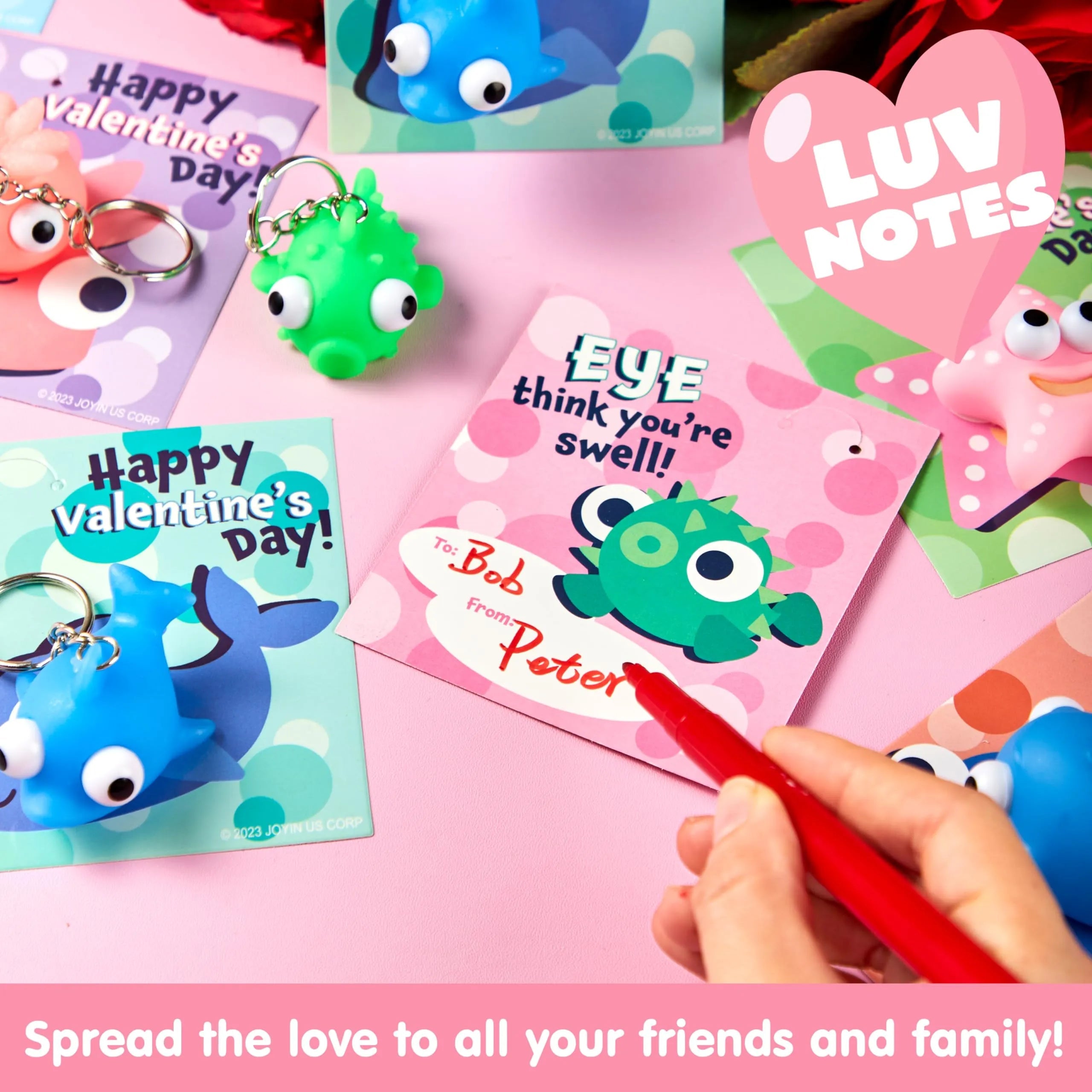 28 Valentine's Day Gift Cards with Sea Animal Pop-Up Eye Keychains