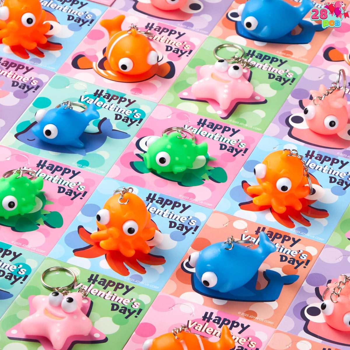 28 Valentine's Day Gift Cards with Sea Animal Pop-Up Eye Keychains