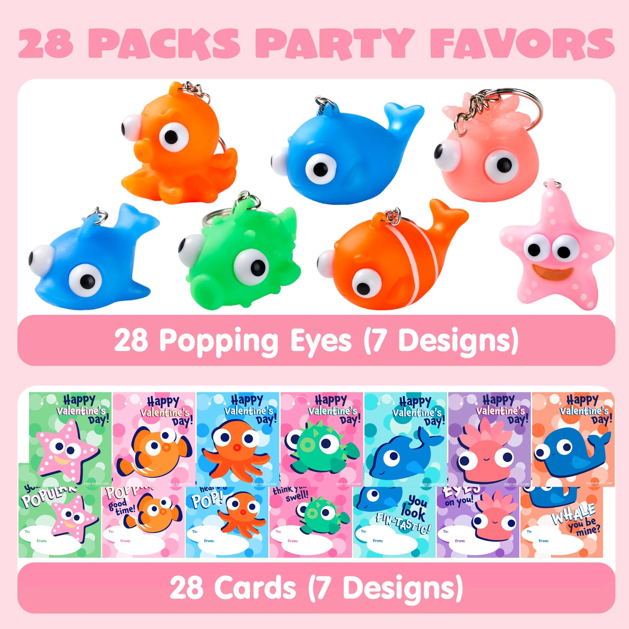 28 Valentine's Day Gift Cards with Sea Animal Pop-Up Eye Keychains