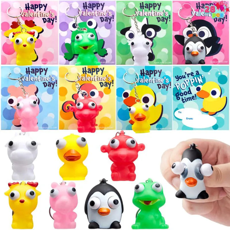 28Pcs Animal Keychains with Bulging Eyes and Kids Valentines Cards