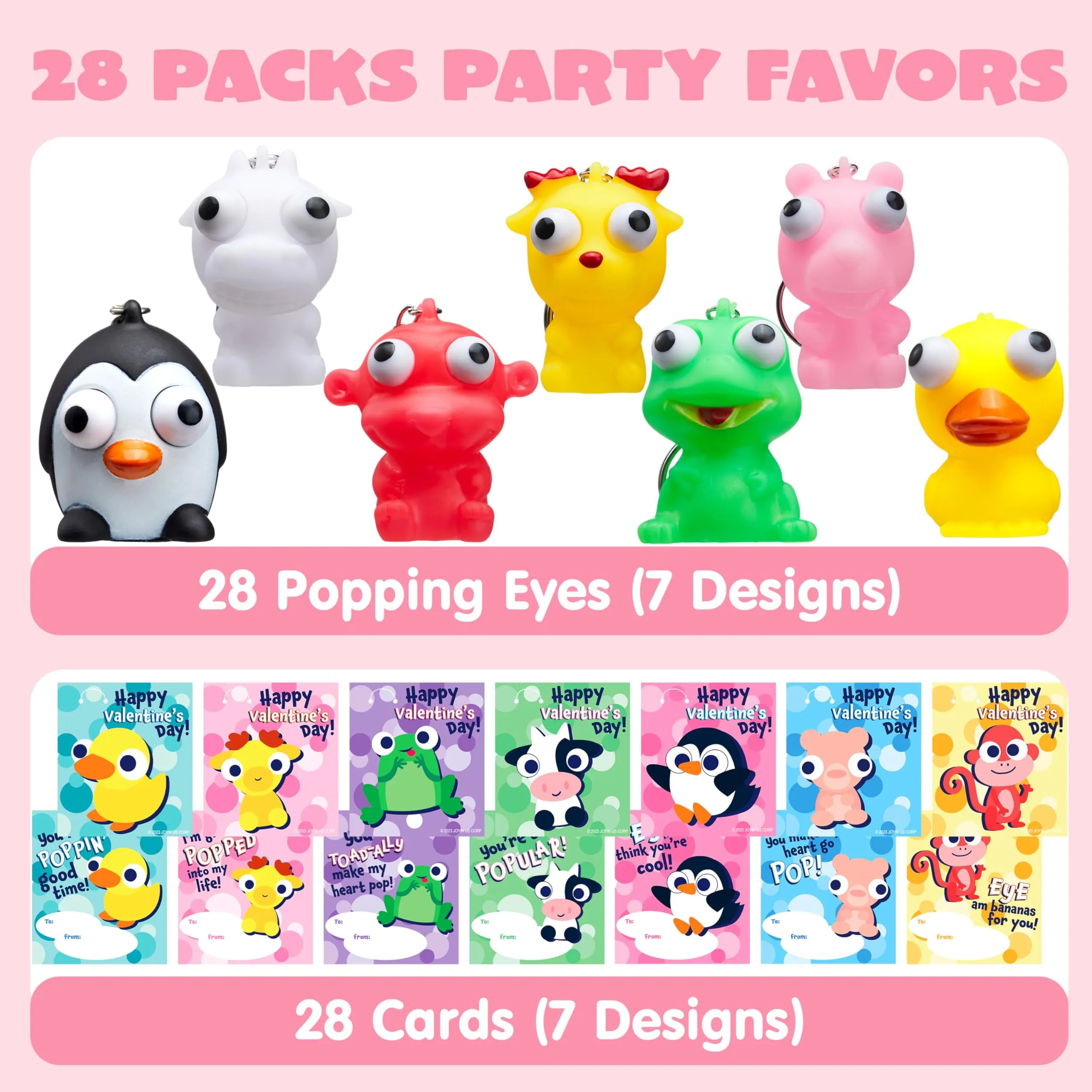 28 Packs Valentine's Day Gift Cards with Pop-Up Eyes Animal Keychains for Classroom Exchange Prizes