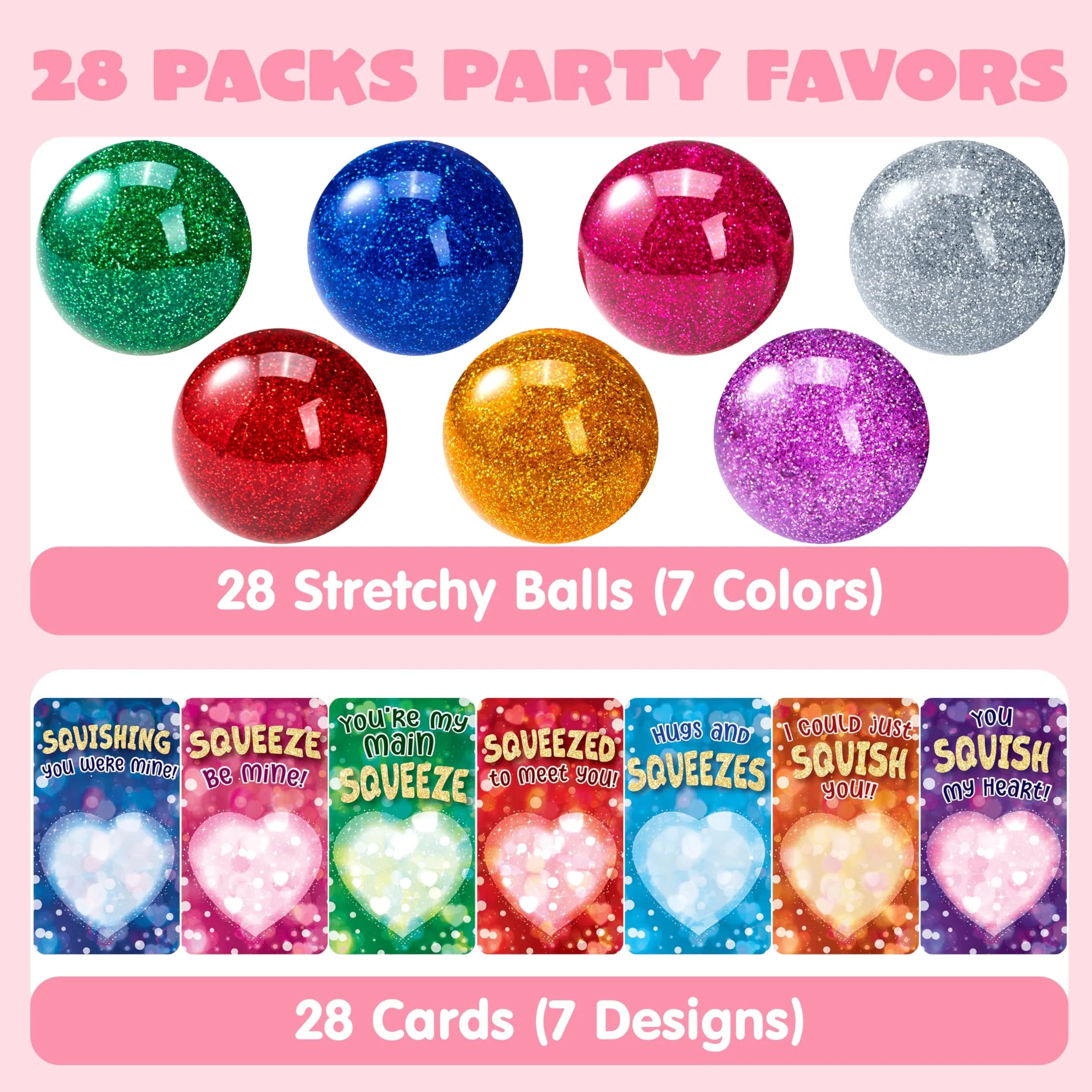 28 Pack Valentine's Day Stretchy Balls with Cards, Classroom Exchange Gift for Kids