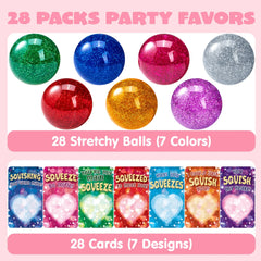 28 Pack Valentine's Day Stretchy Balls with Cards, Classroom Exchange Gift for Kids