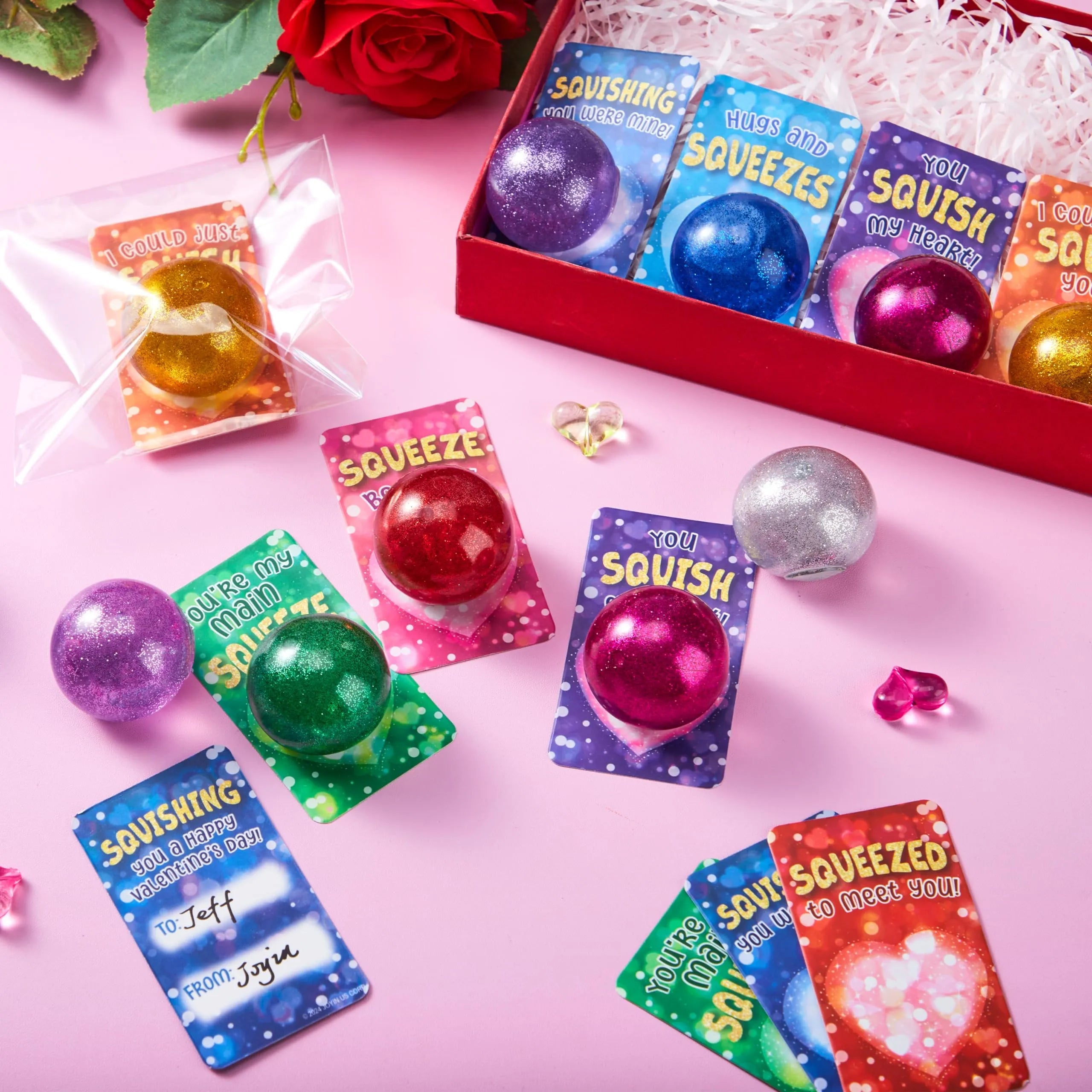 28 Pack Valentine's Day Stretchy Balls with Cards, Classroom Exchange Gift for Kids