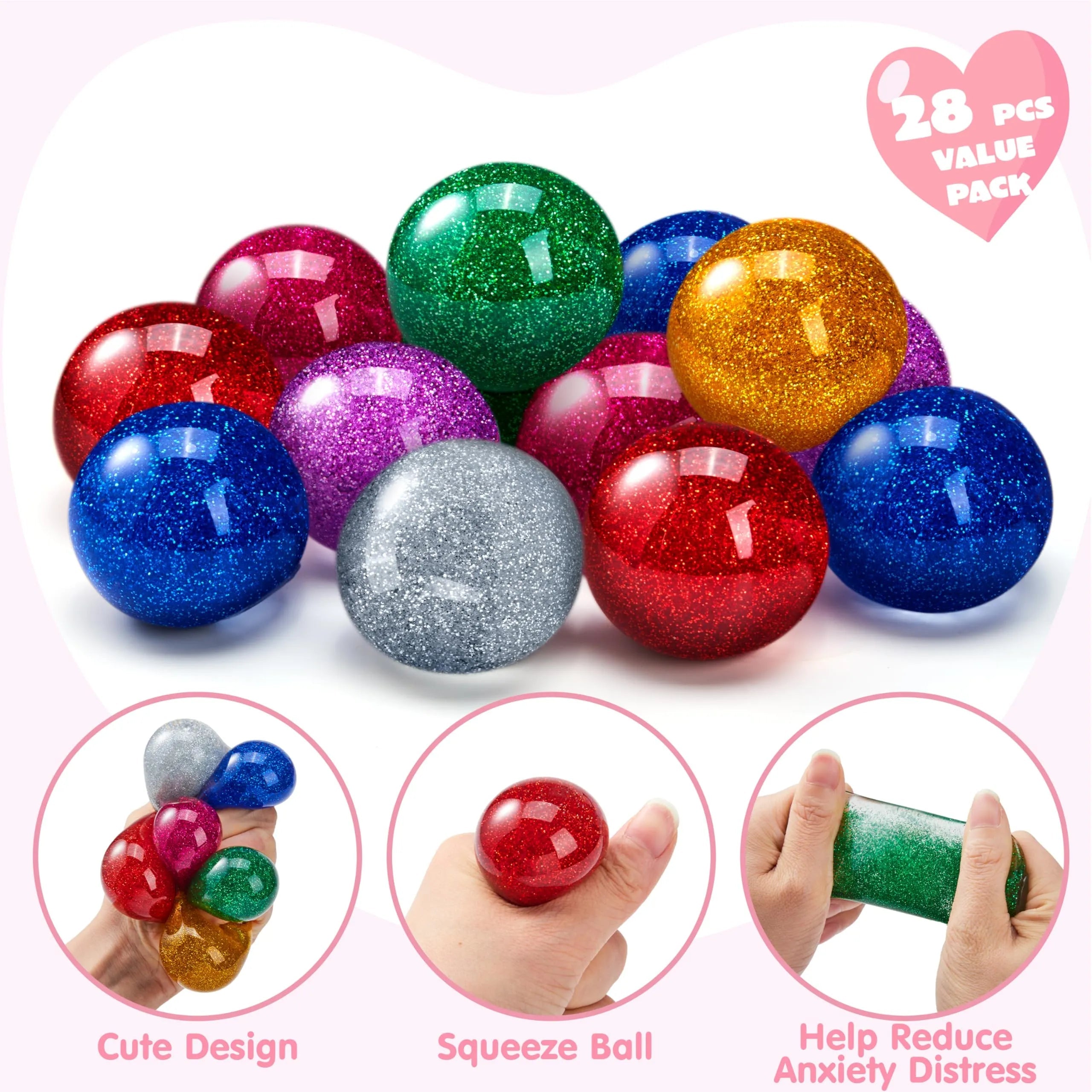 28 Pack Valentine's Day Stretchy Balls with Cards, Classroom Exchange Gift for Kids