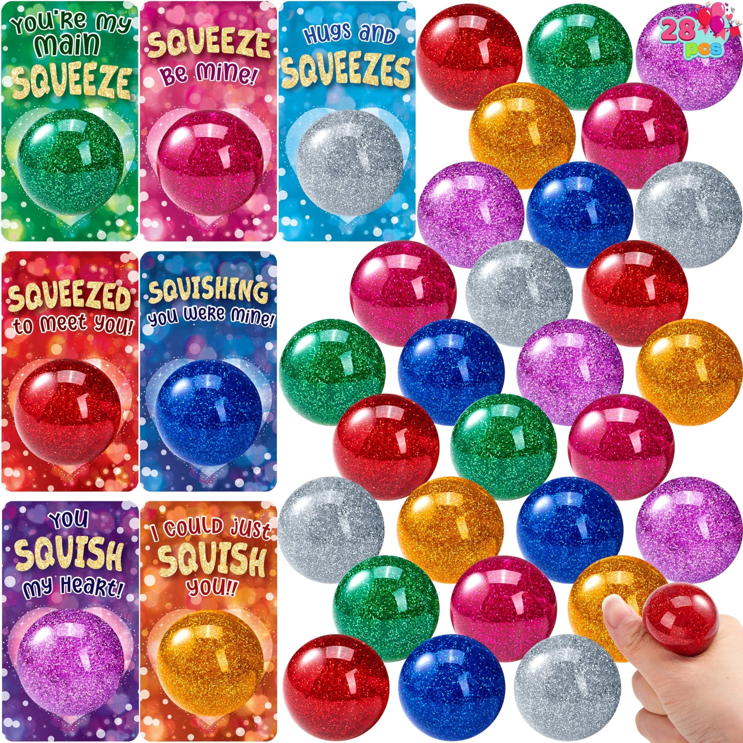 28 Pack Valentine's Day Stretchy Balls with Cards, Classroom Exchange Gift for Kids