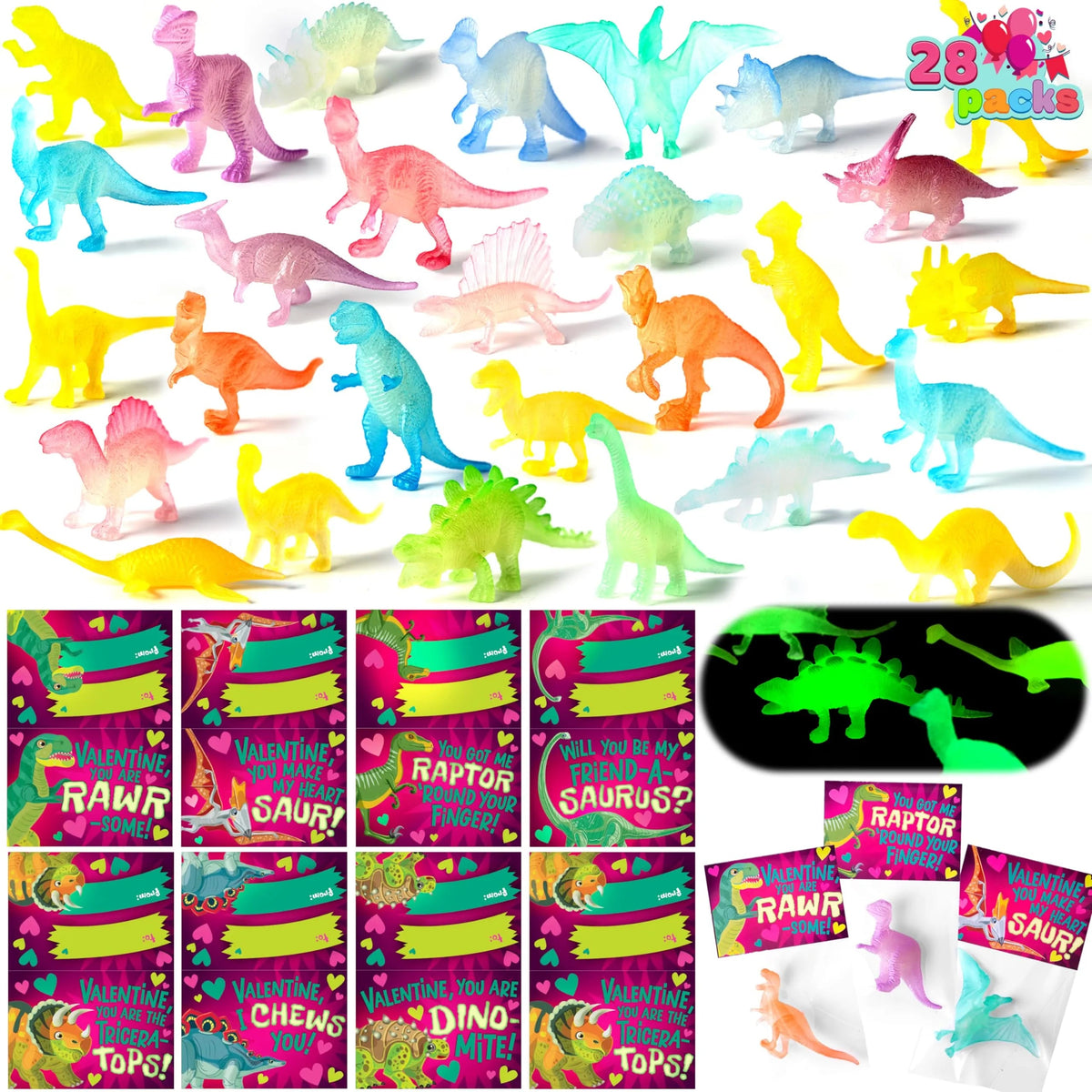 28 Pack Valentine's Day Cards with Glow-in-the-Dark Dinosaur Toys for Kids Classroom Exchange