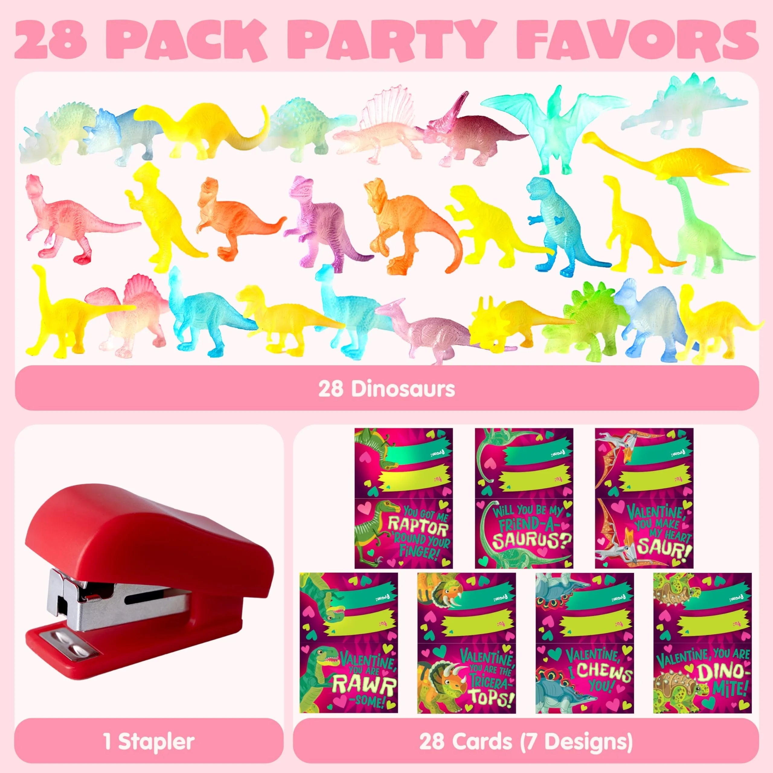 28 Pack Valentine's Day Cards with Glow-in-the-Dark Dinosaur Toys for Kids Classroom Exchange