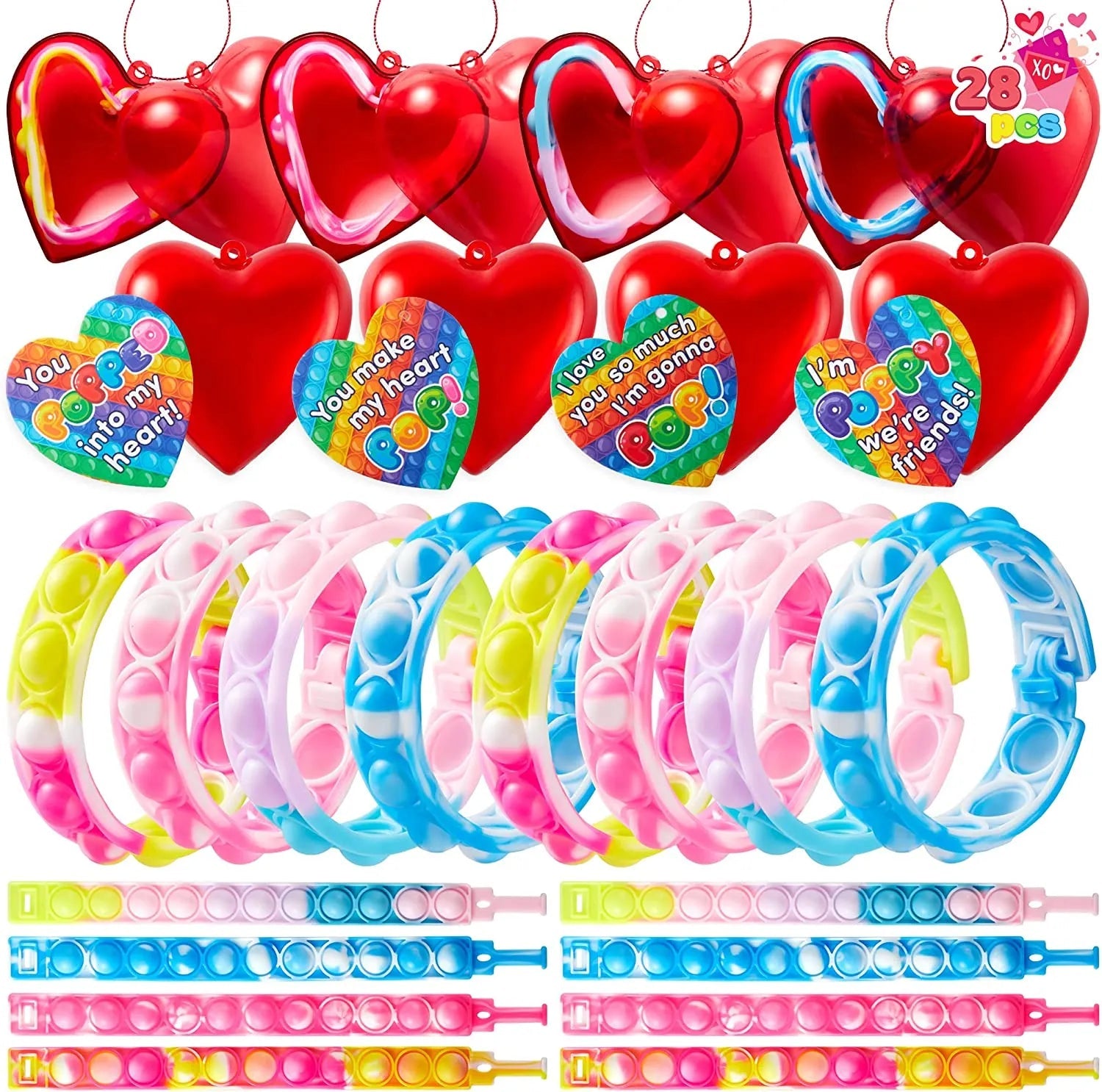 28-Piece Valentine's Day Heart Bracelet and Card Set for Kids' Classroom Exchange Gifts