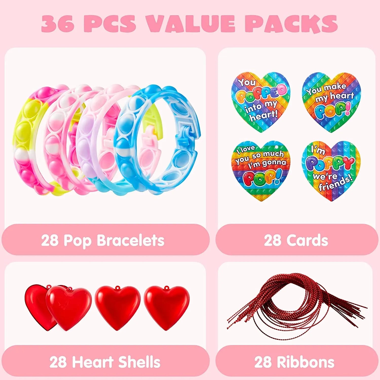28-Piece Valentine's Day Heart Bracelet and Card Set for Kids' Classroom Exchange Gifts