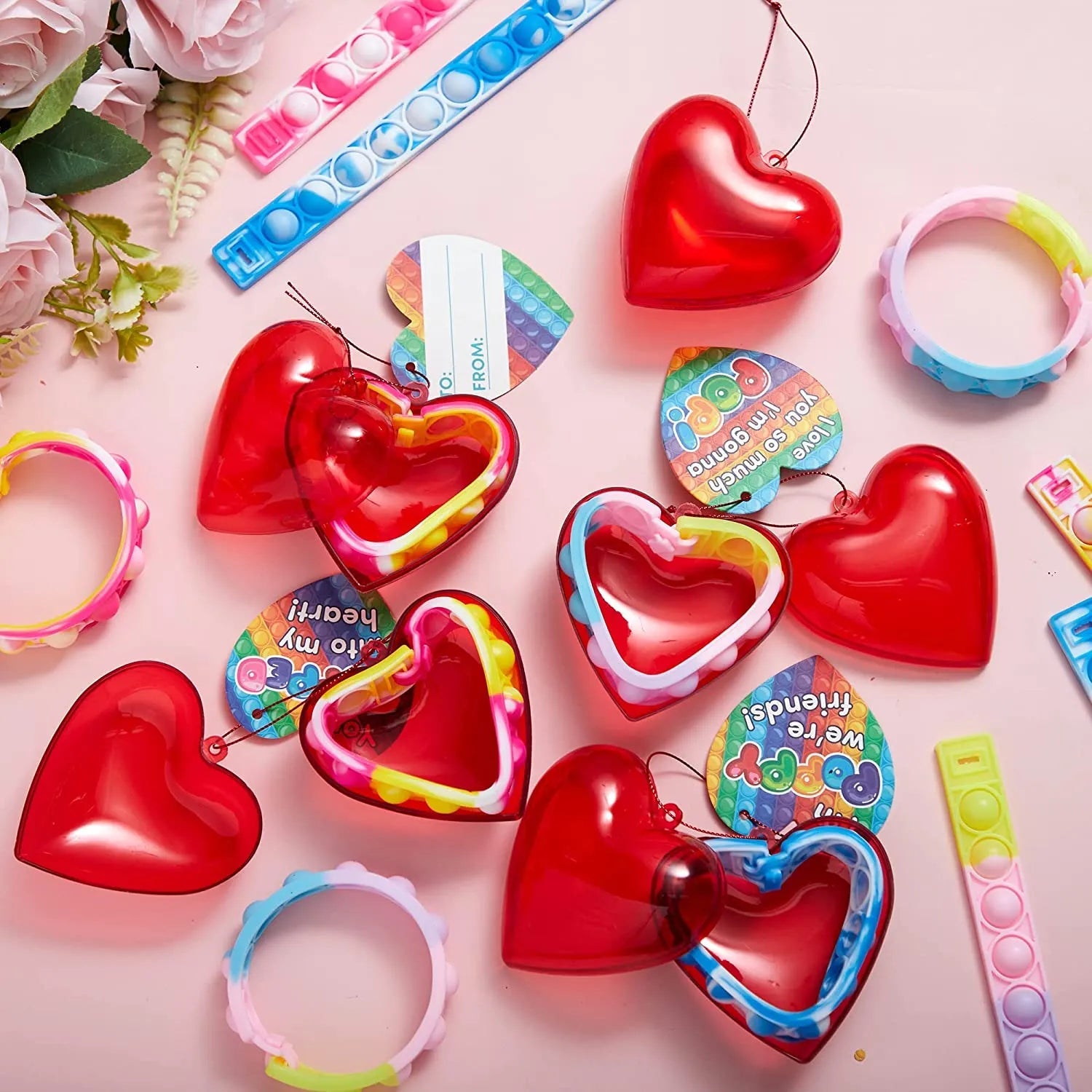 28-Piece Valentine's Day Heart Bracelet and Card Set for Kids' Classroom Exchange Gifts