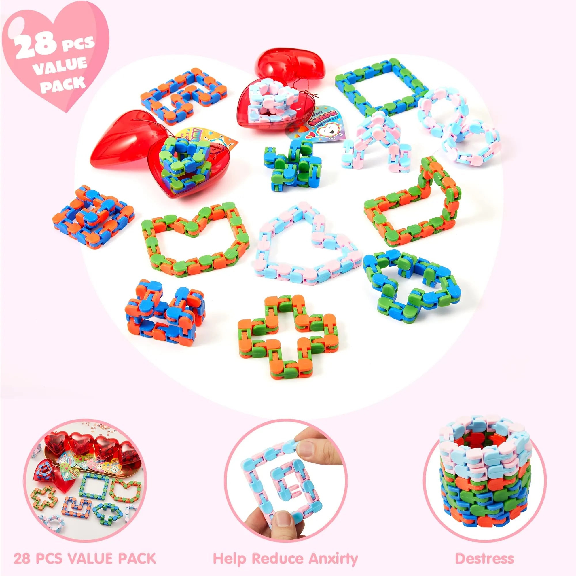 28-Piece Valentine's Day Heart Gift Set with Snake Cube Puzzle and Cards for Kids Classroom Exchange