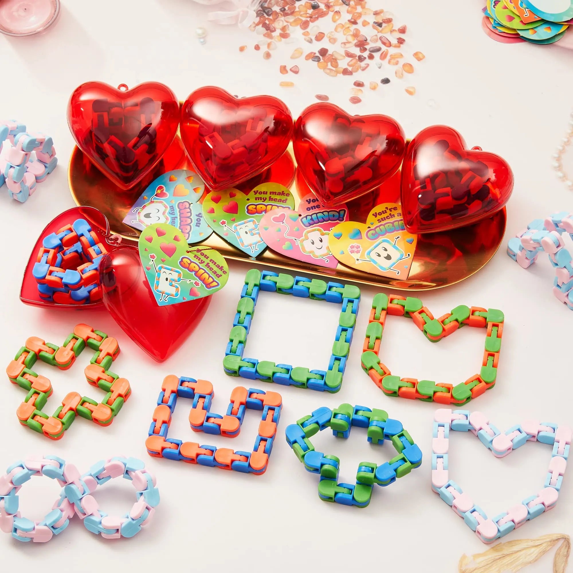 28-Piece Valentine's Day Heart Gift Set with Snake Cube Puzzle and Cards for Kids Classroom Exchange