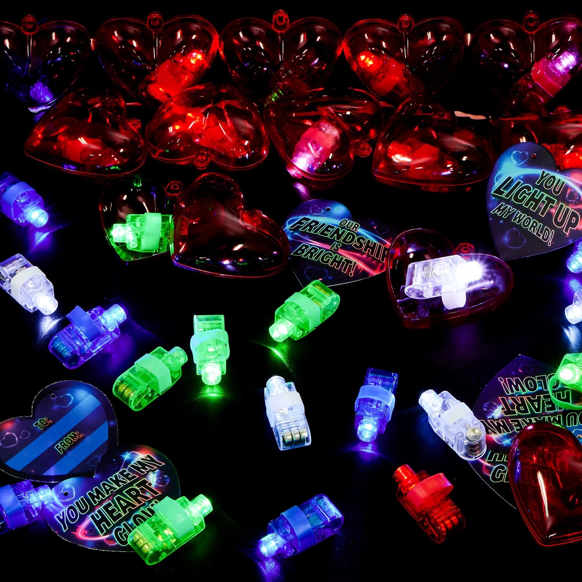 28-Piece LED Finger Light Heart Shells with Valentine's Day Cards for Kids Classroom Exchange Gifts