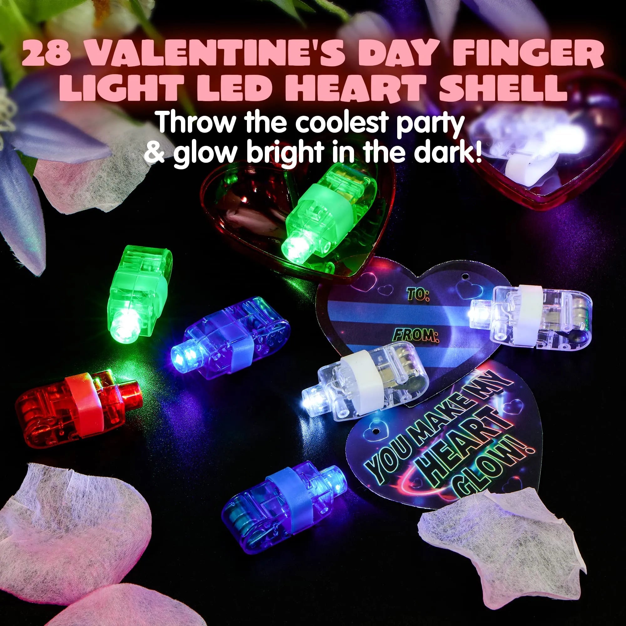28-Piece LED Finger Light Heart Shells with Valentine's Day Cards for Kids Classroom Exchange Gifts