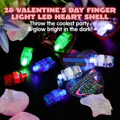 28-Piece LED Finger Light Heart Shells with Valentine's Day Cards for Kids Classroom Exchange Gifts